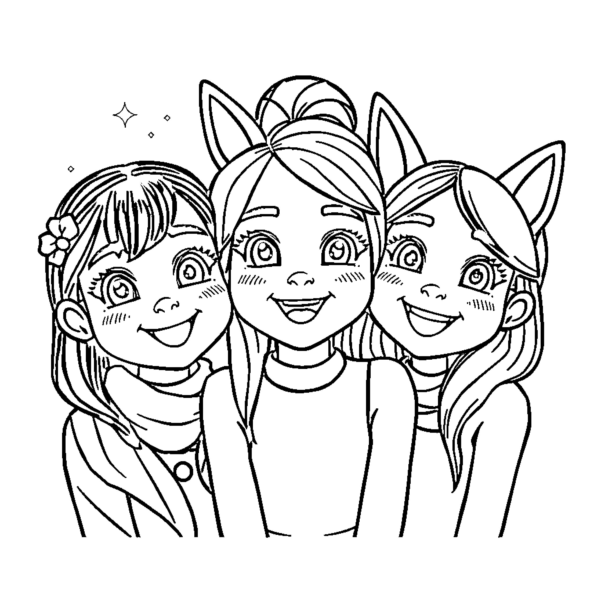 Rumi and her joyful friends in whimsical outfits Coloring Page (free black-and-white line drawing printable PDF for all, from beginners to advanced learners, including children, teens, adults, and seniors)