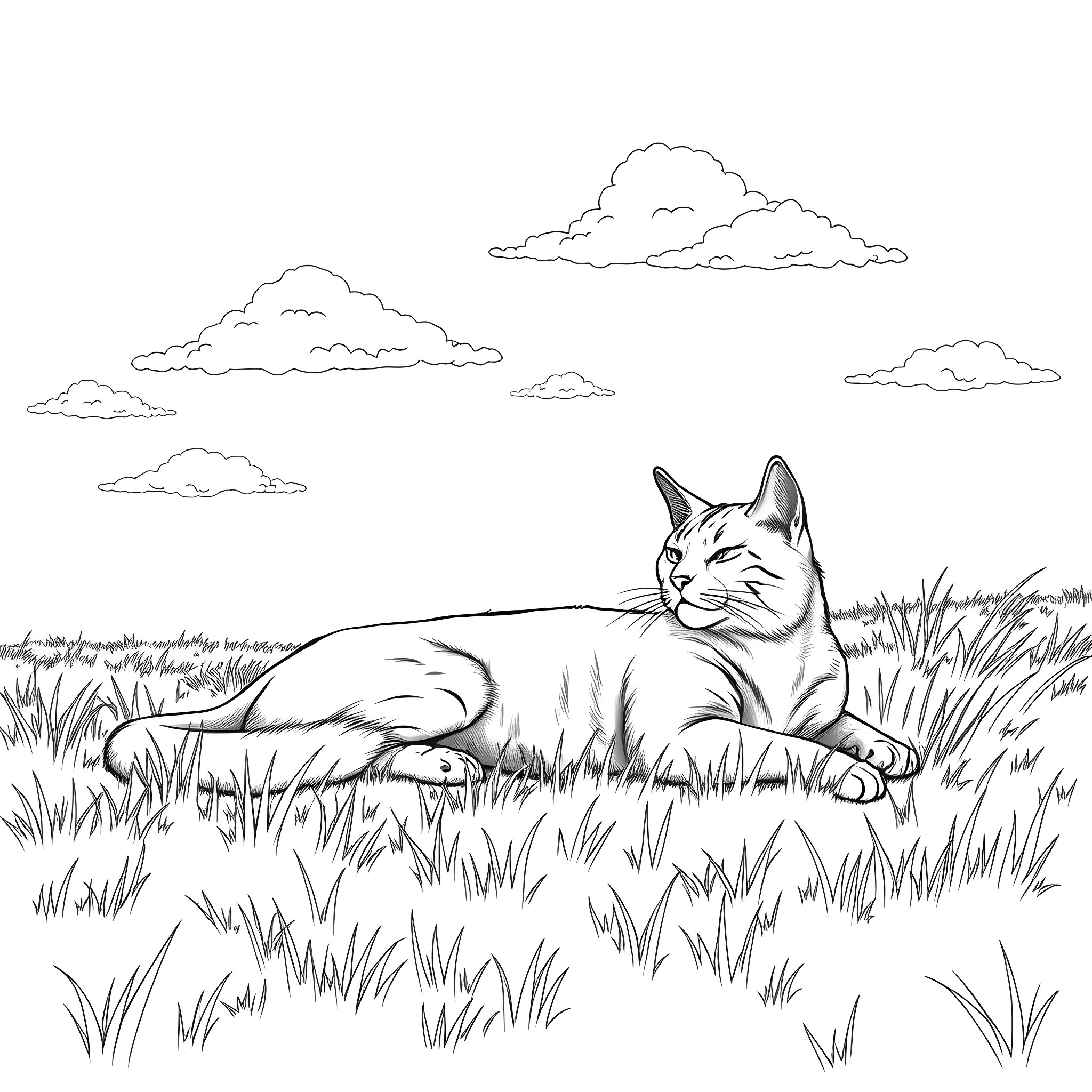 Cat relaxing peacefully in the grassy field Coloring Page (free black-and-white line drawing printable PDF for all, from beginners to advanced learners, including children, teens, adults, and seniors)