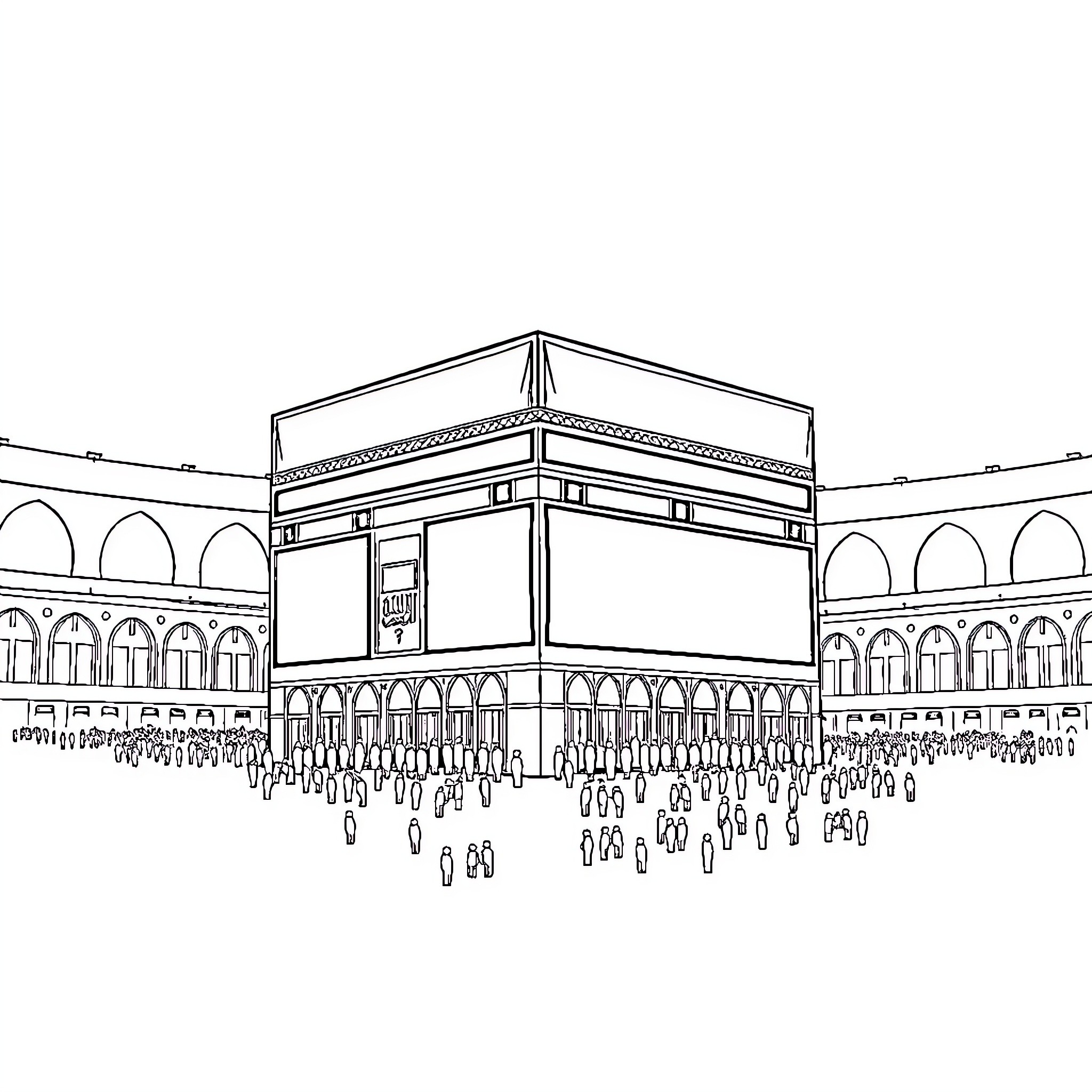 Kaabah: Pilgrims gathered in reverence Coloring Page (free black-and-white line drawing printable PDF for all, from beginners to advanced learners, including children, teens, adults, and seniors)