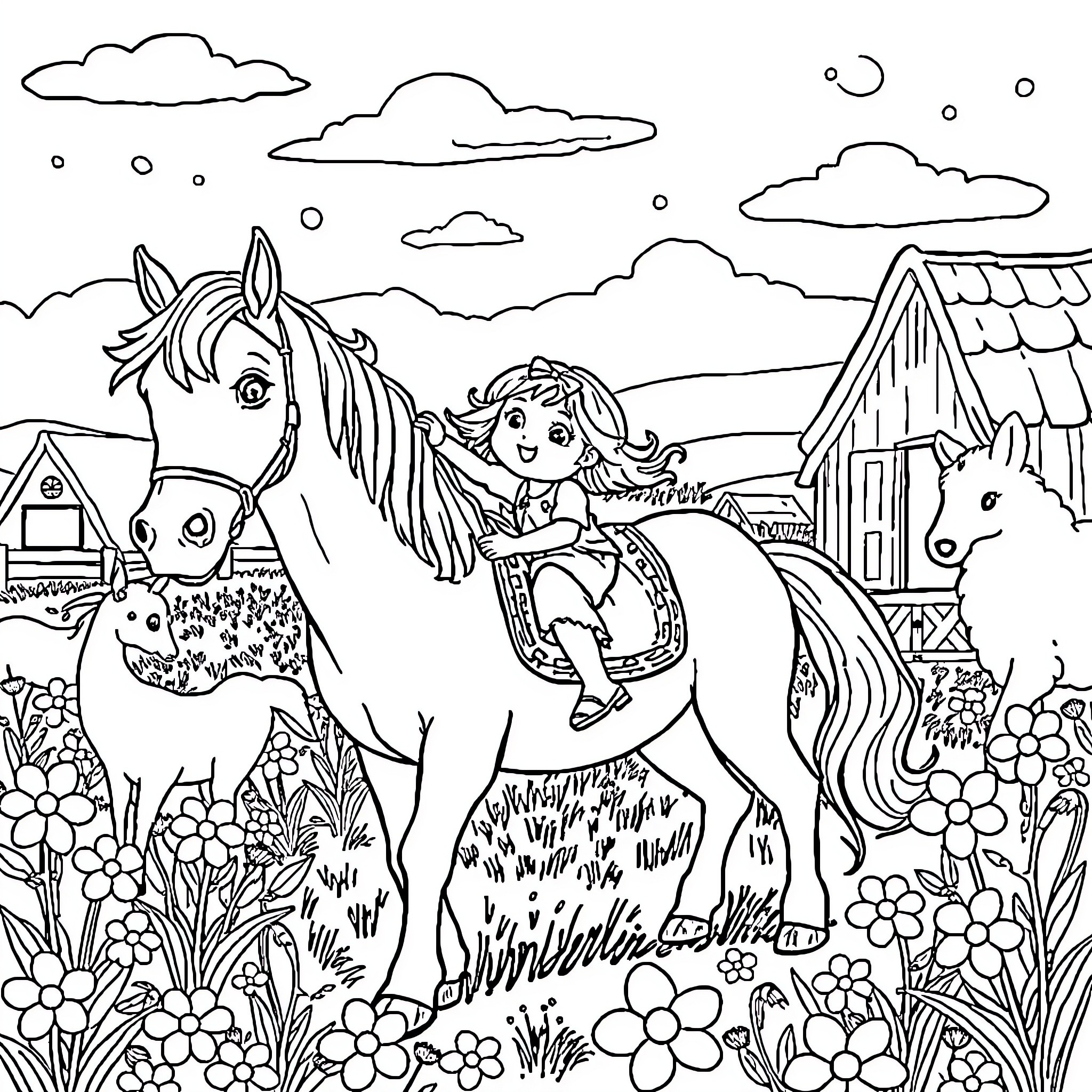 Girl riding a horse on a farm Coloring Page (free black-and-white line drawing printable PDF for all, from beginners to advanced learners, including children, teens, adults, and seniors)