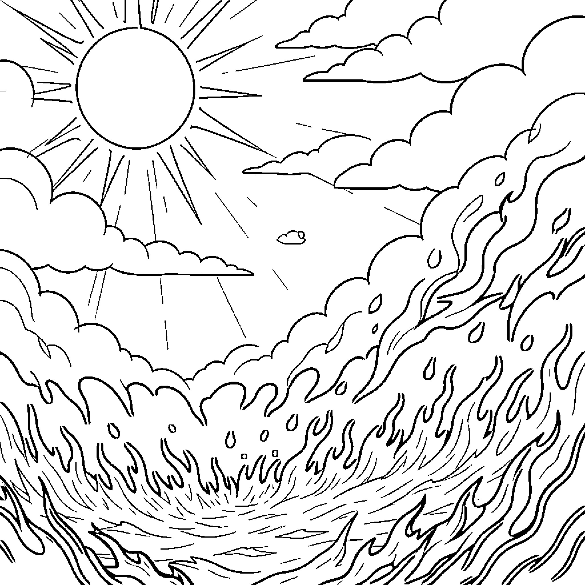 Sky and Hell - Raging Flames and Sunbeams Coloring Page (free black-and-white line drawing printable PDF for all, from beginners to advanced learners, including children, teens, adults, and seniors)