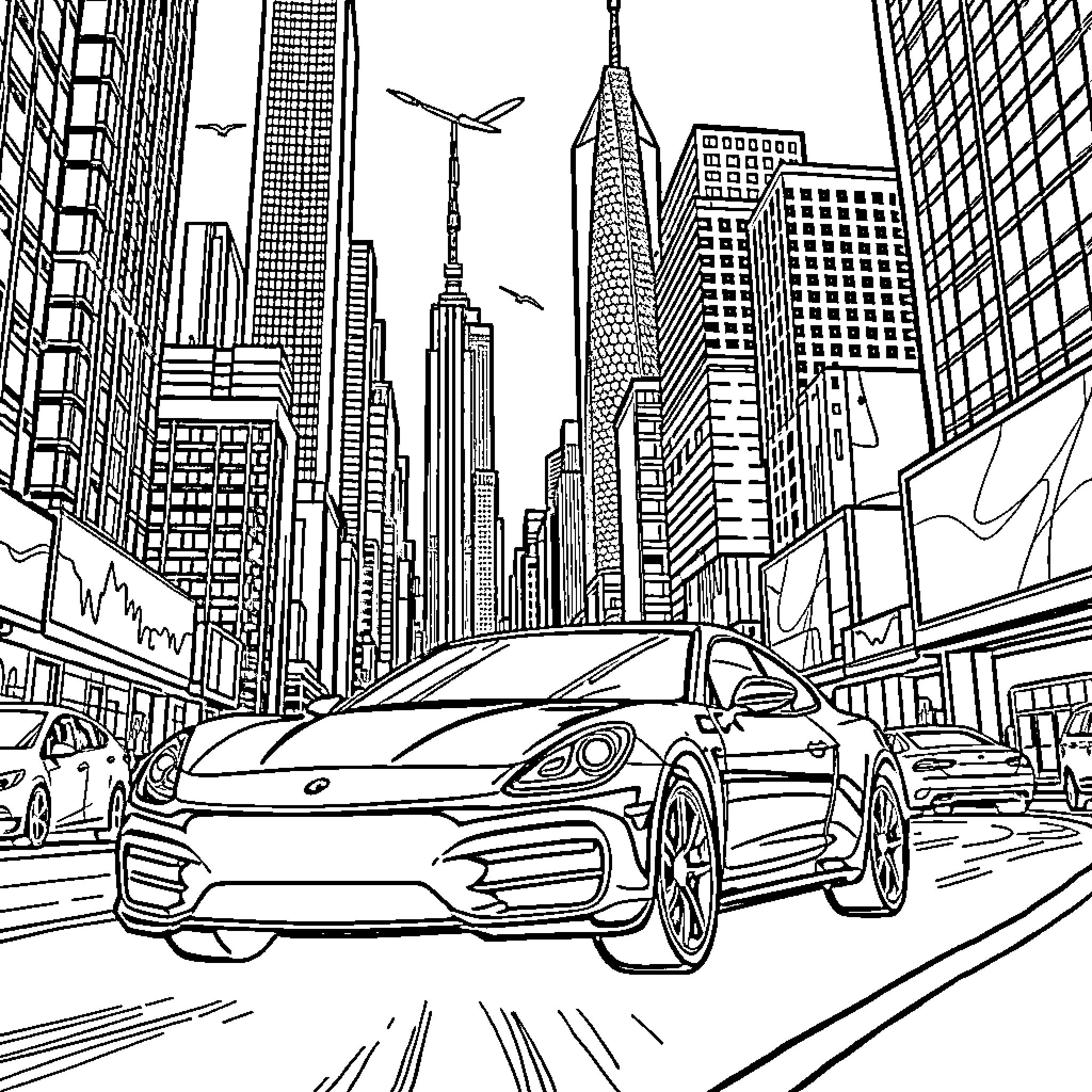 Car Racing Through a Bustling City Skyline Coloring Page (free black-and-white line drawing printable PDF for all, from beginners to advanced learners, including children, teens, adults, and seniors)