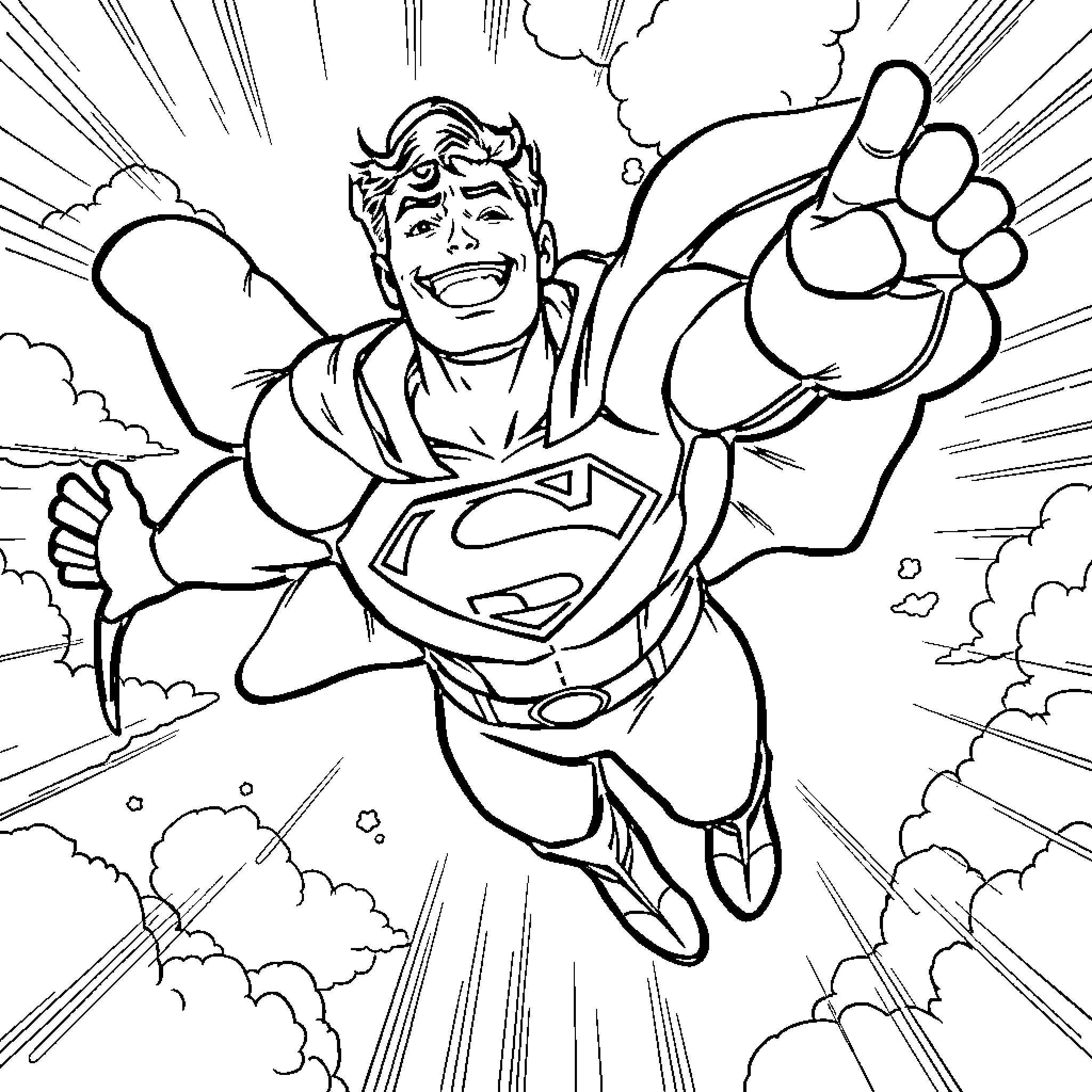 Superman soaring heroically through the sky Coloring Page (free black-and-white line drawing printable PDF for all, from beginners to advanced learners, including children, teens, adults, and seniors)