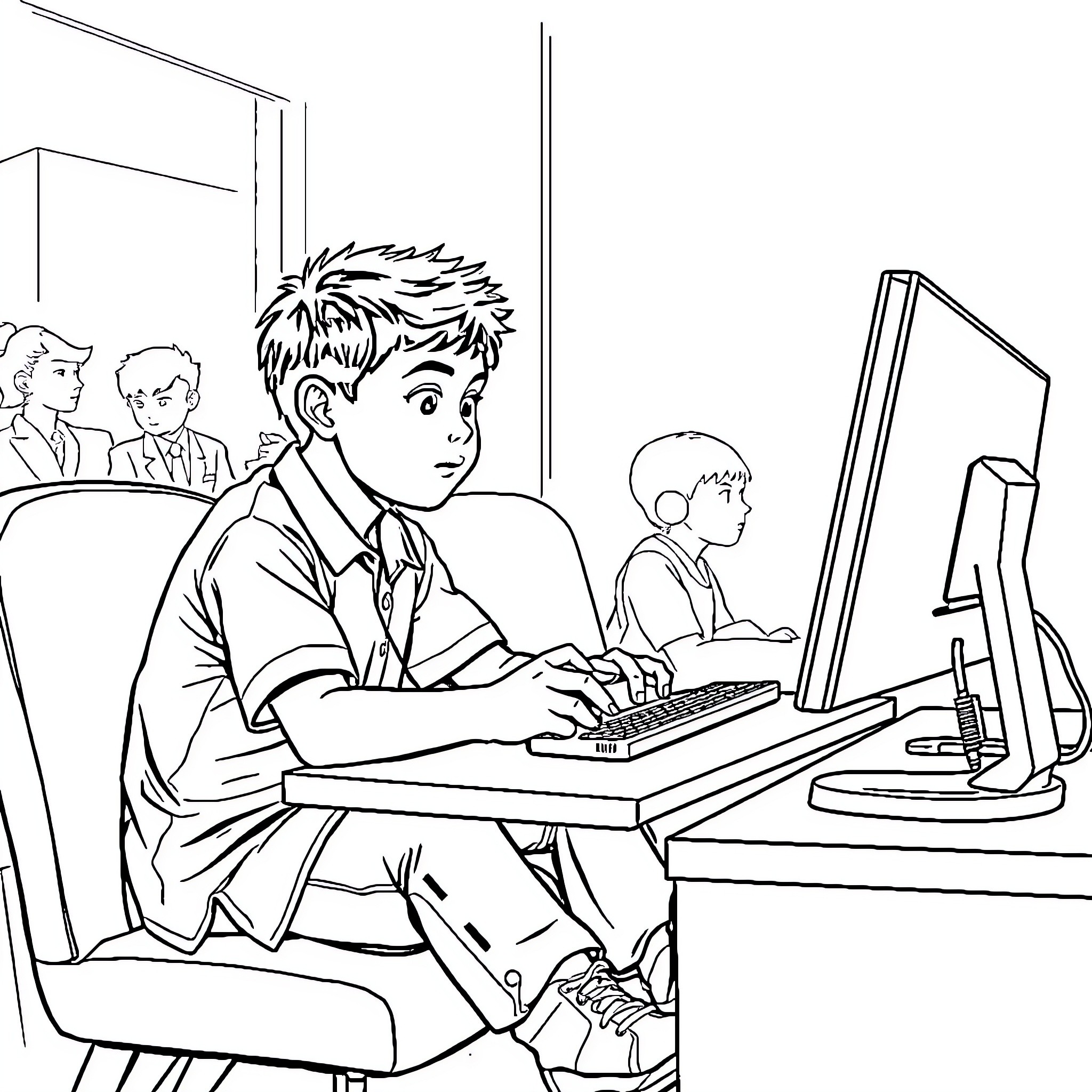 Panda students studying diligently at computer workstations Coloring Page (free black-and-white line drawing printable PDF for all, from beginners to advanced learners, including children, teens, adults, and seniors)