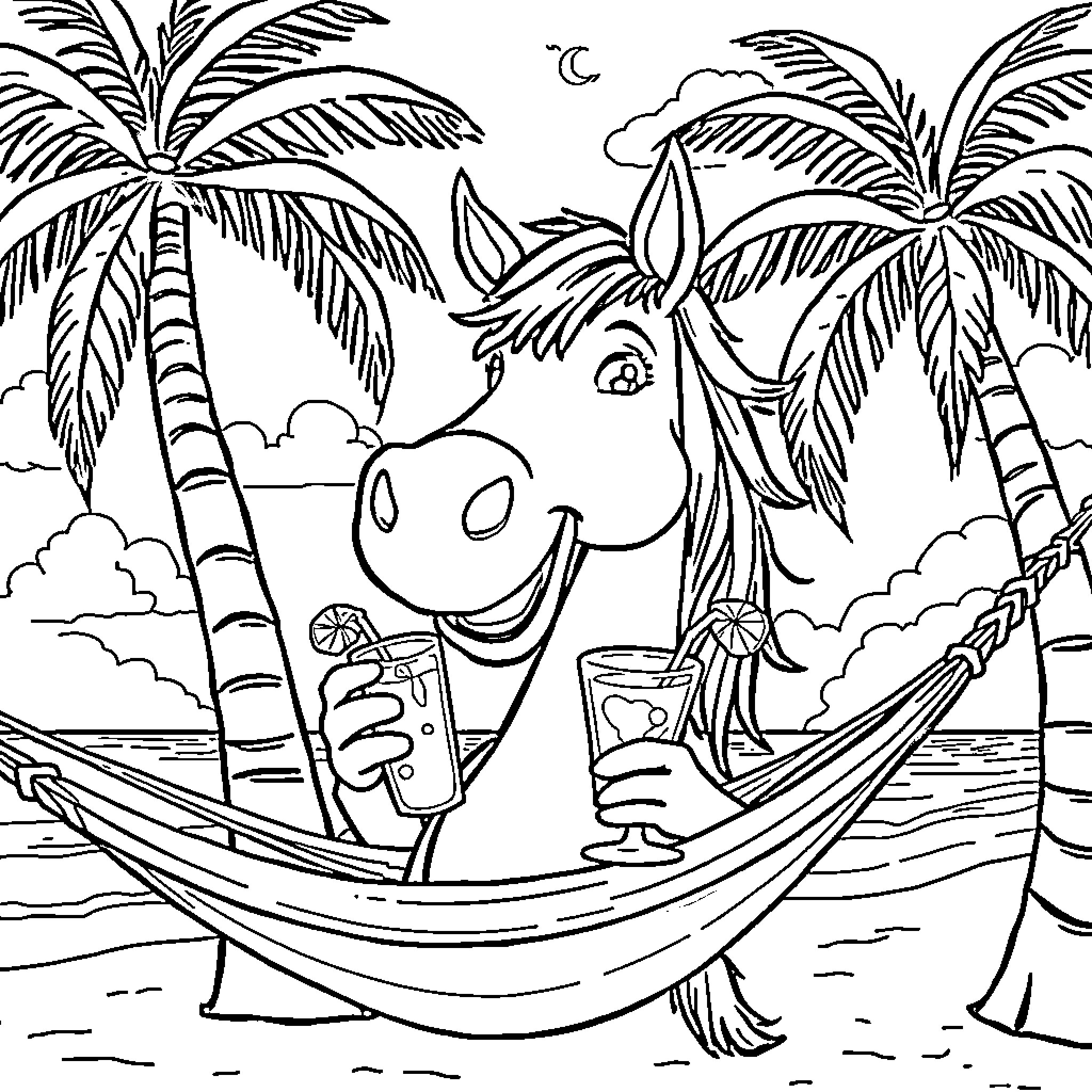 Horse relaxing in a tropical hammock Coloring Page (free black-and-white line drawing printable PDF for all, from beginners to advanced learners, including children, teens, adults, and seniors)