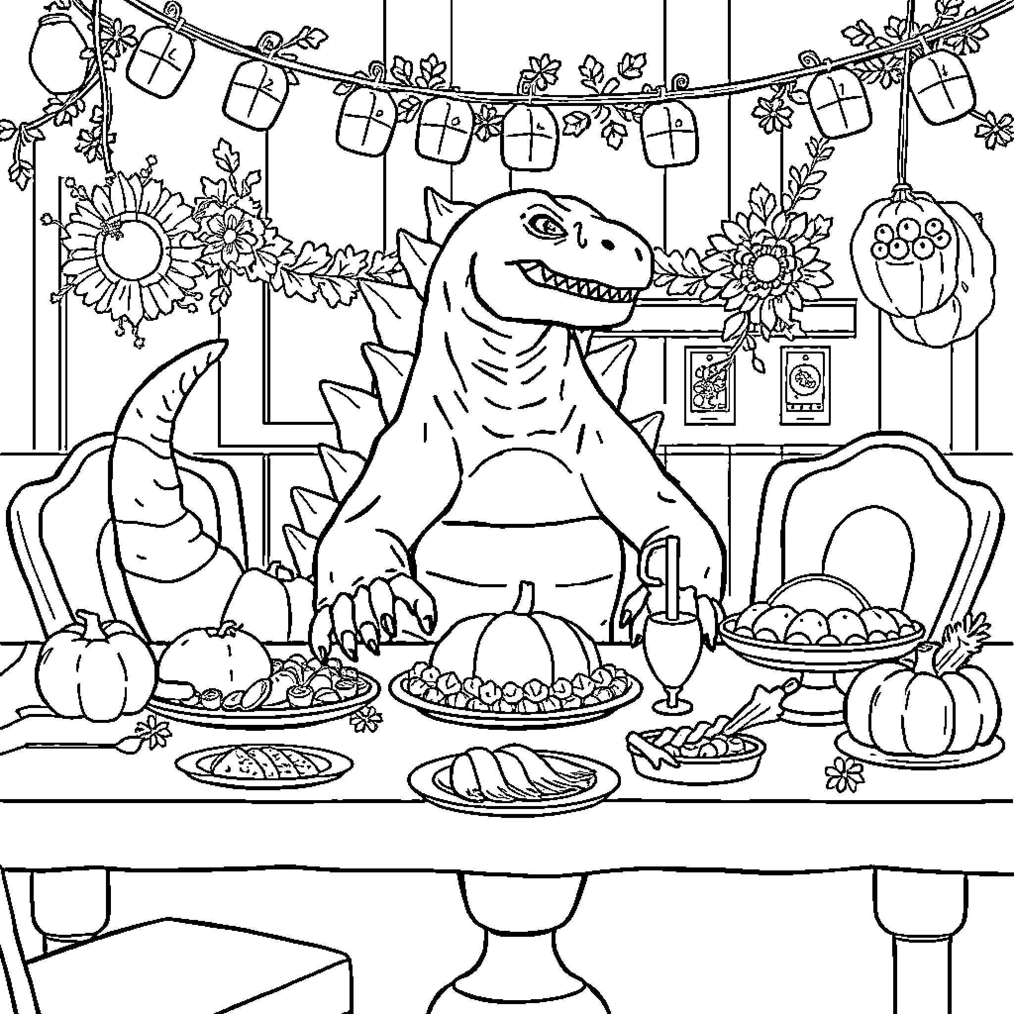 Godzilla celebrating a festive party with delicious treats Coloring Page (free black-and-white line drawing printable PDF for all, from beginners to advanced learners, including children, teens, adults, and seniors)