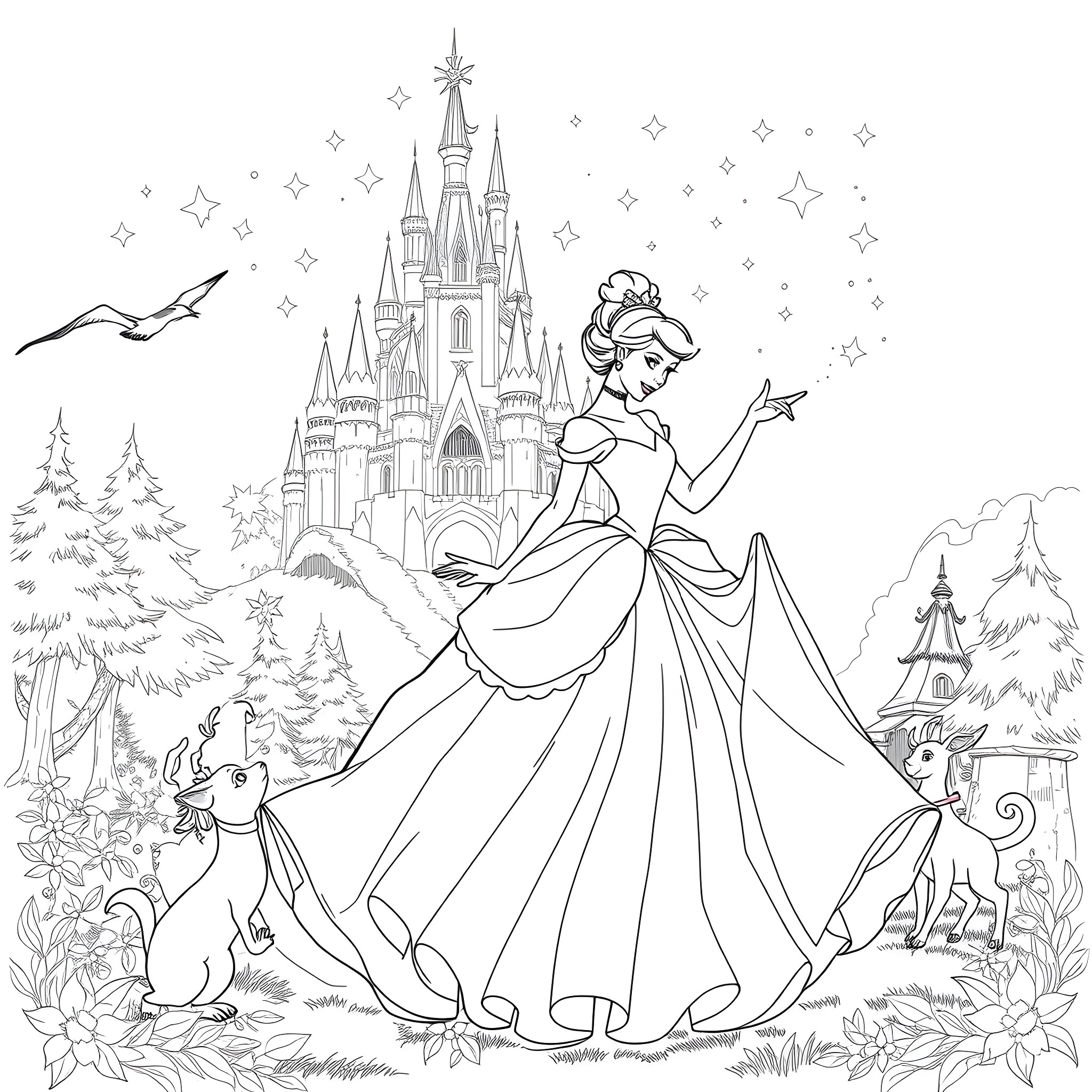 Cinderella exploring the magical castle and forest Coloring Page (free black-and-white line drawing printable PDF for all, from beginners to advanced learners, including children, teens, adults, and seniors)