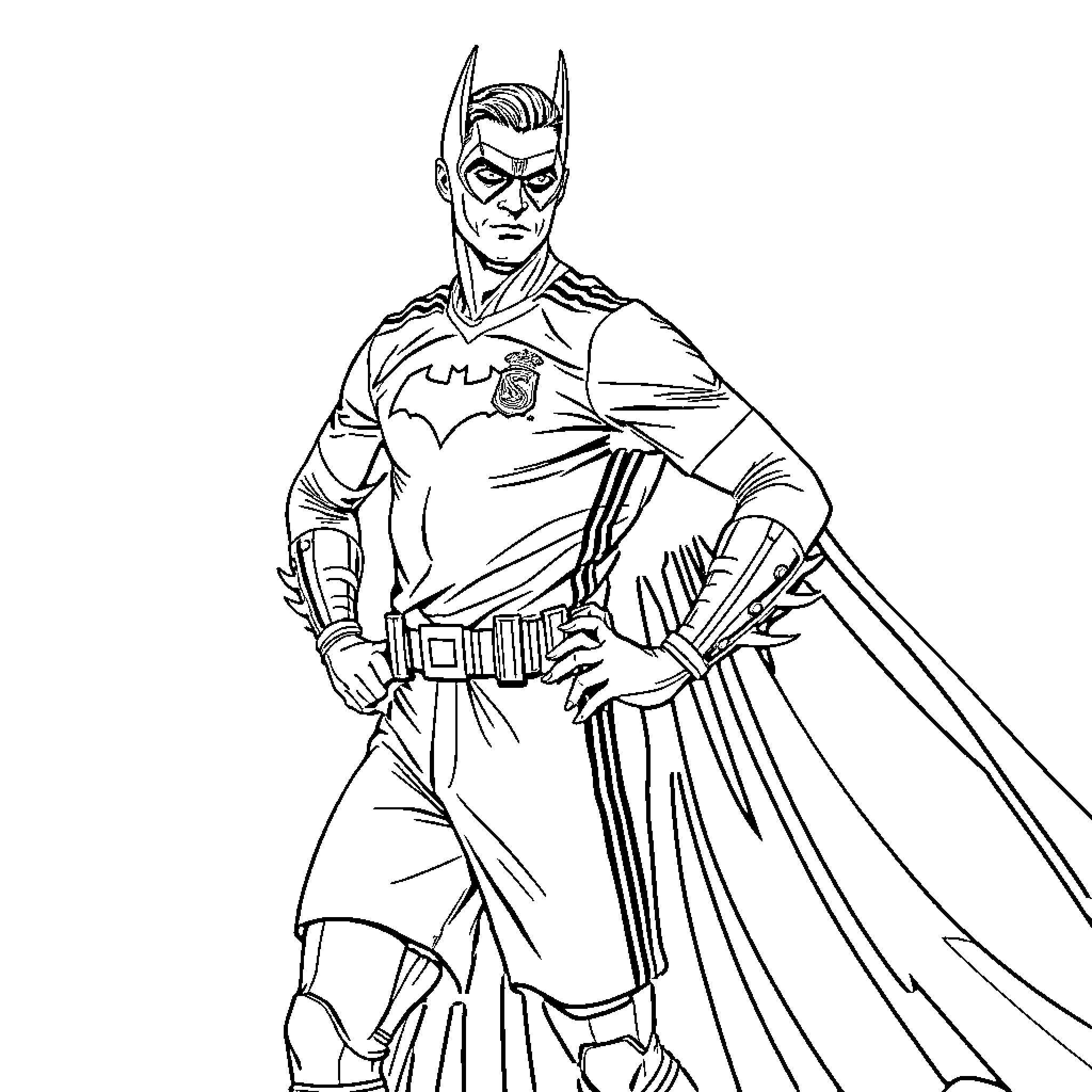 Cristiano Ronaldo as the Caped Crusader in action Coloring Page (free black-and-white line drawing printable PDF for all, from beginners to advanced learners, including children, teens, adults, and seniors)