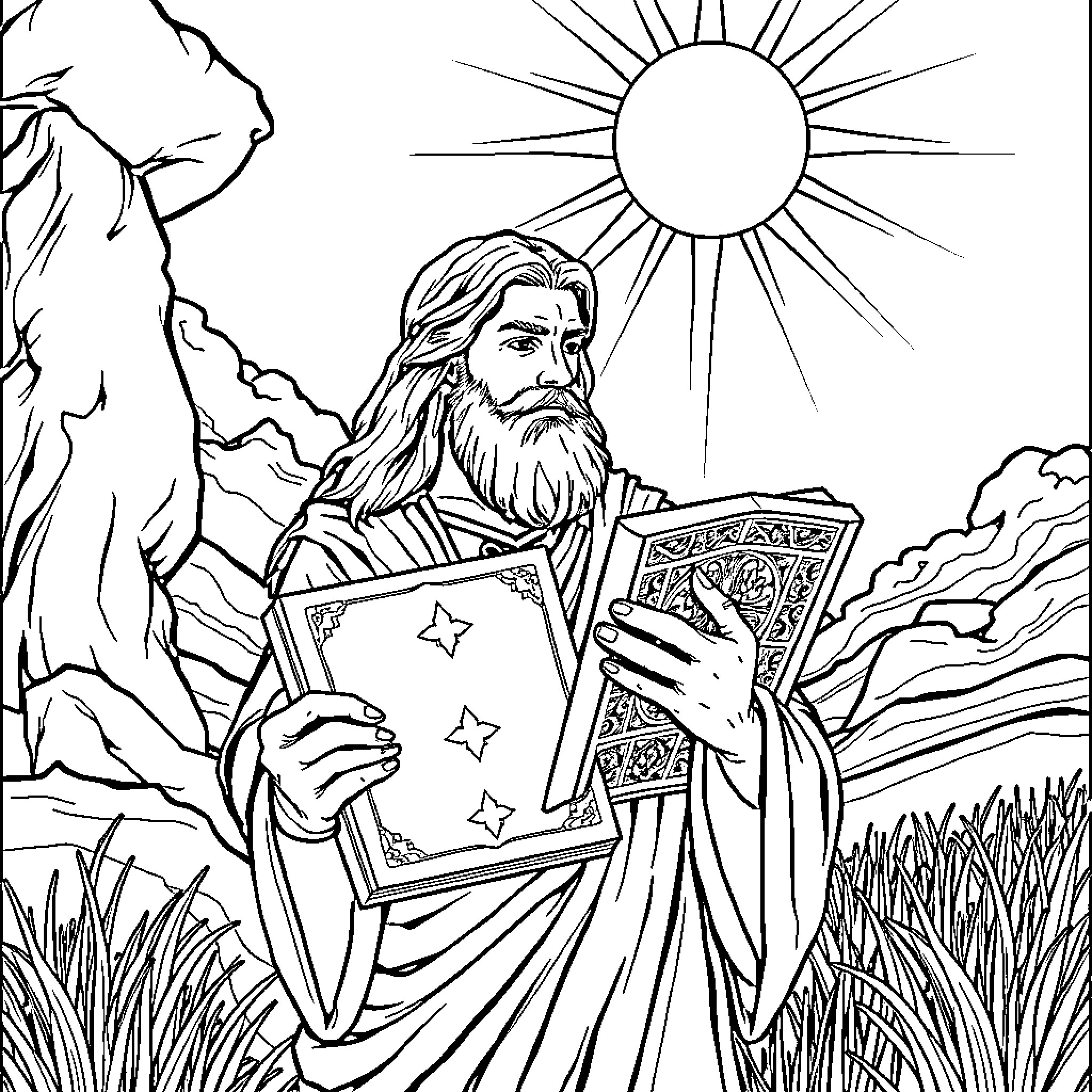 Nephi Studying the Scriptures in the Wilderness Coloring Page (free black-and-white line drawing printable PDF for all, from beginners to advanced learners, including children, teens, adults, and seniors)