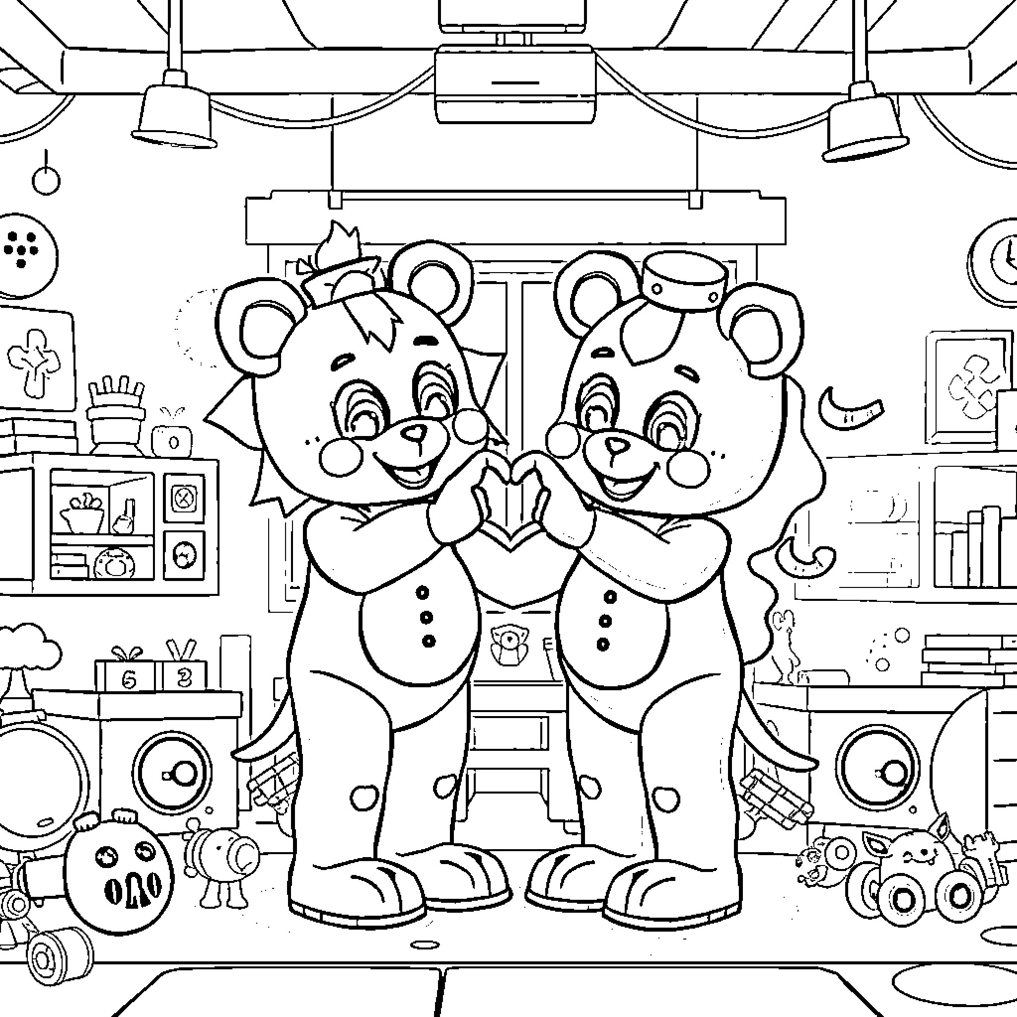 Sundrop bears celebrating in their toy-filled room Coloring Page (free black-and-white line drawing printable PDF for all, from beginners to advanced learners, including children, teens, adults, and seniors)