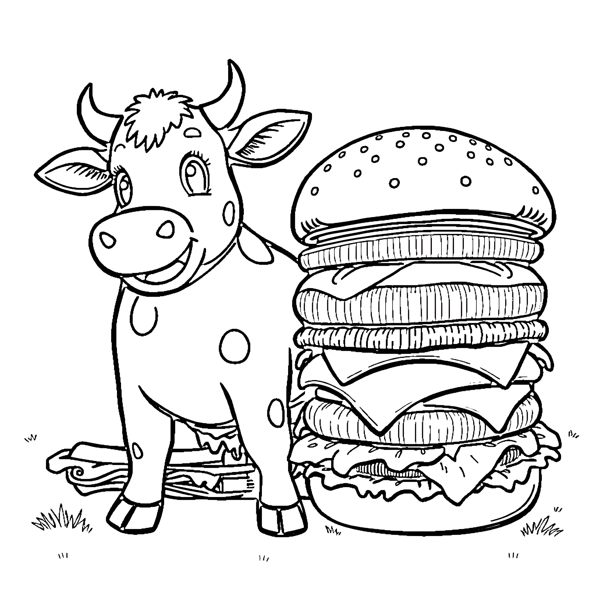 Cheeseburger-loving cow in a playful scene Coloring Page (free black-and-white line drawing printable PDF for all, from beginners to advanced learners, including children, teens, adults, and seniors)