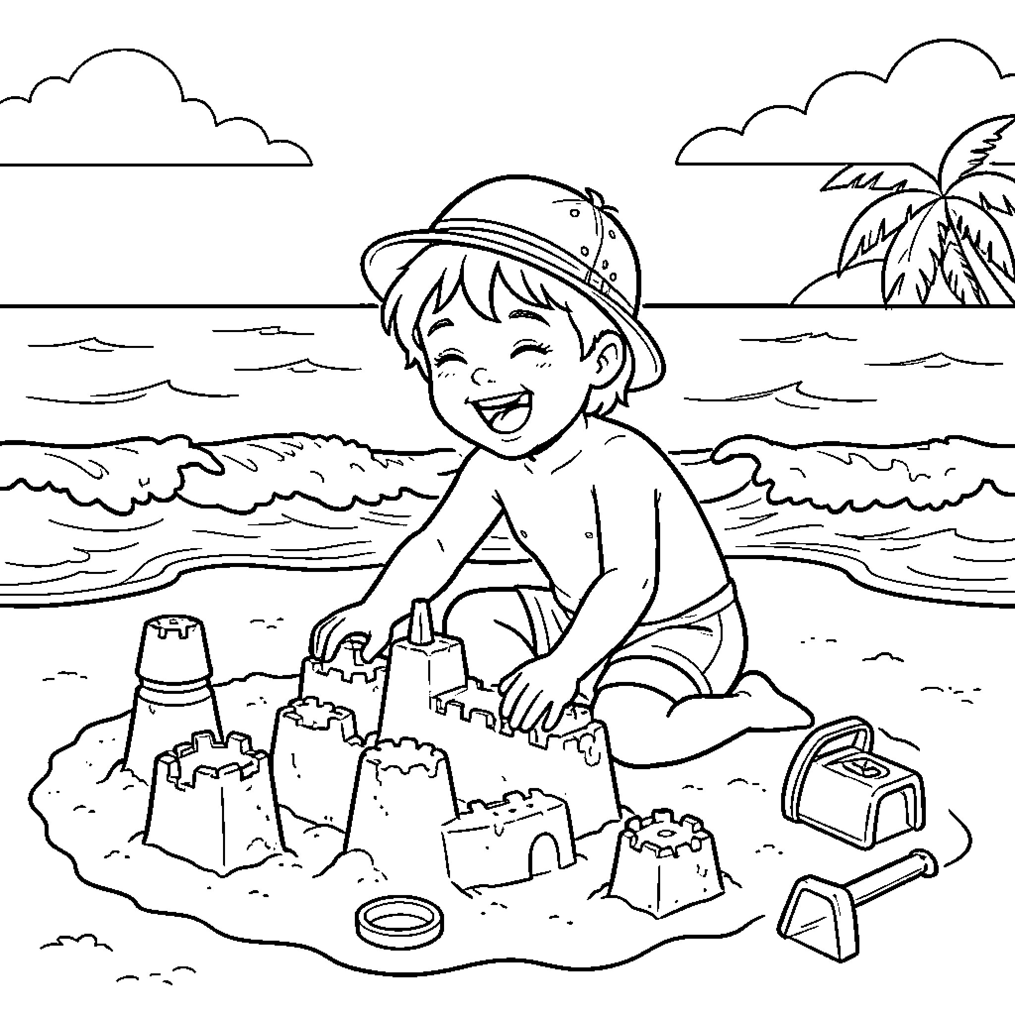 Child laughing while building sandcastles on the beach Coloring Page (free black-and-white line drawing printable PDF for all, from beginners to advanced learners, including children, teens, adults, and seniors)