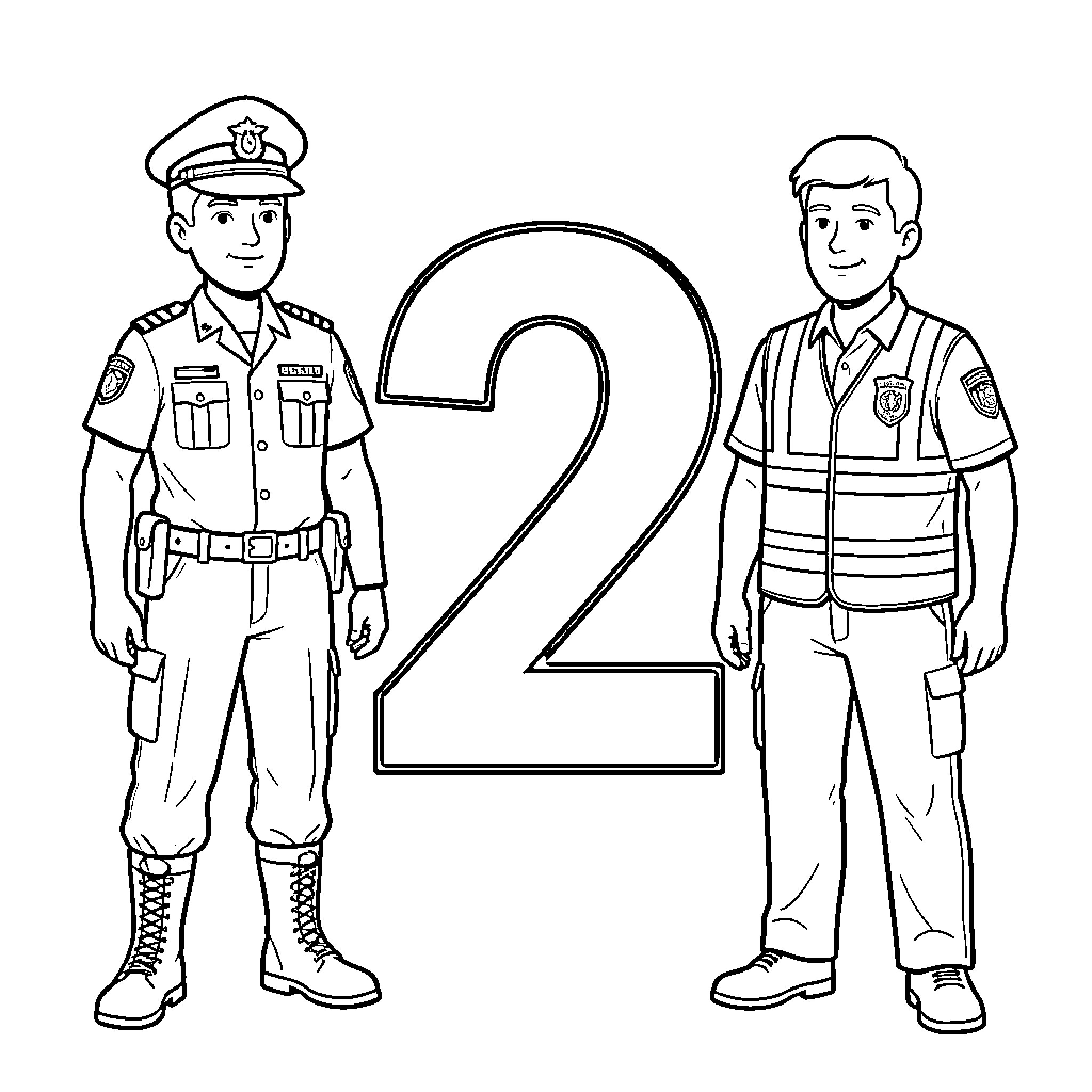 Number Two Police Officers in Uniform Coloring Page (free black-and-white line drawing printable PDF for all, from beginners to advanced learners, including children, teens, adults, and seniors)