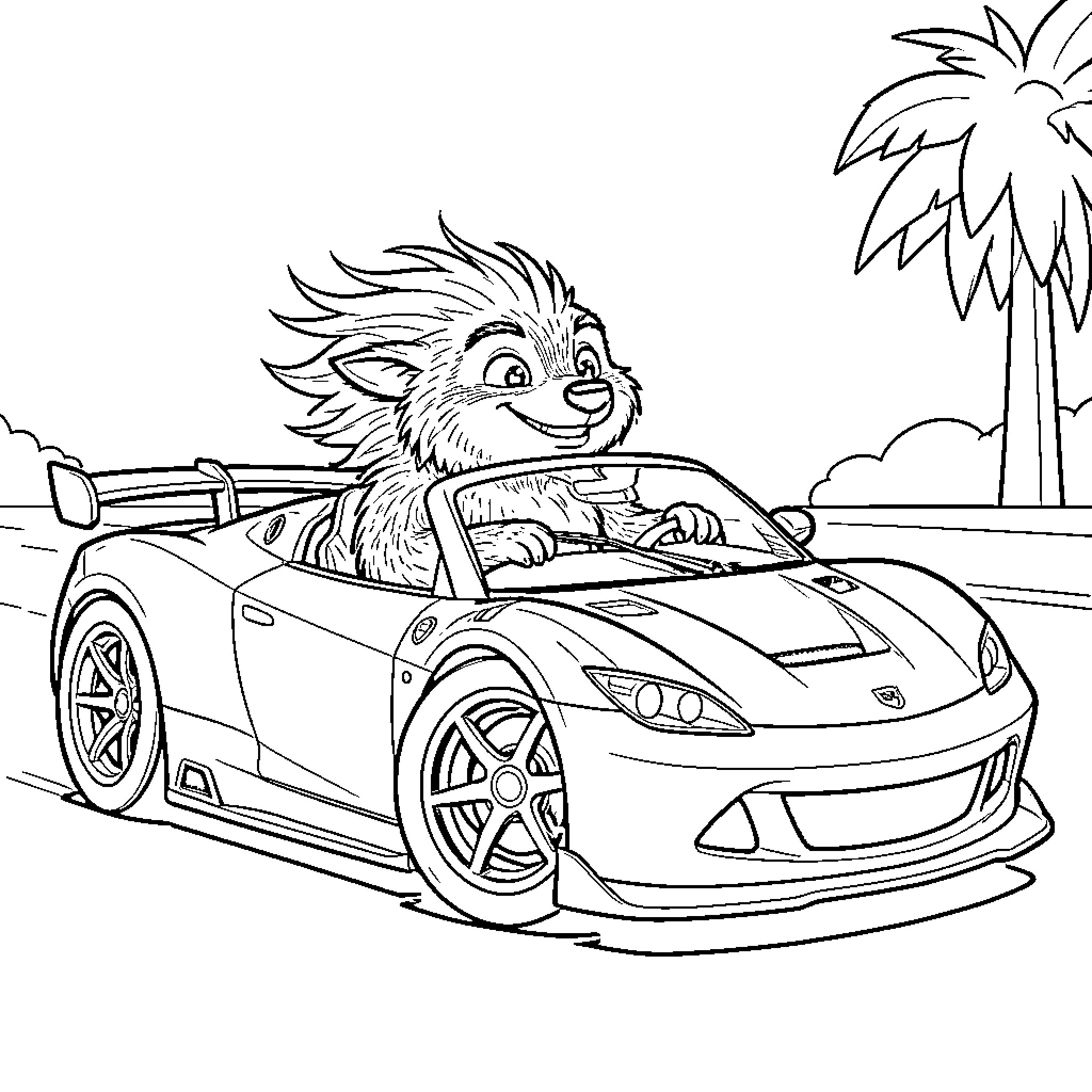 Flash drives sports car on tropical highway Coloring Page (free black-and-white line drawing printable PDF for all, from beginners to advanced learners, including children, teens, adults, and seniors)