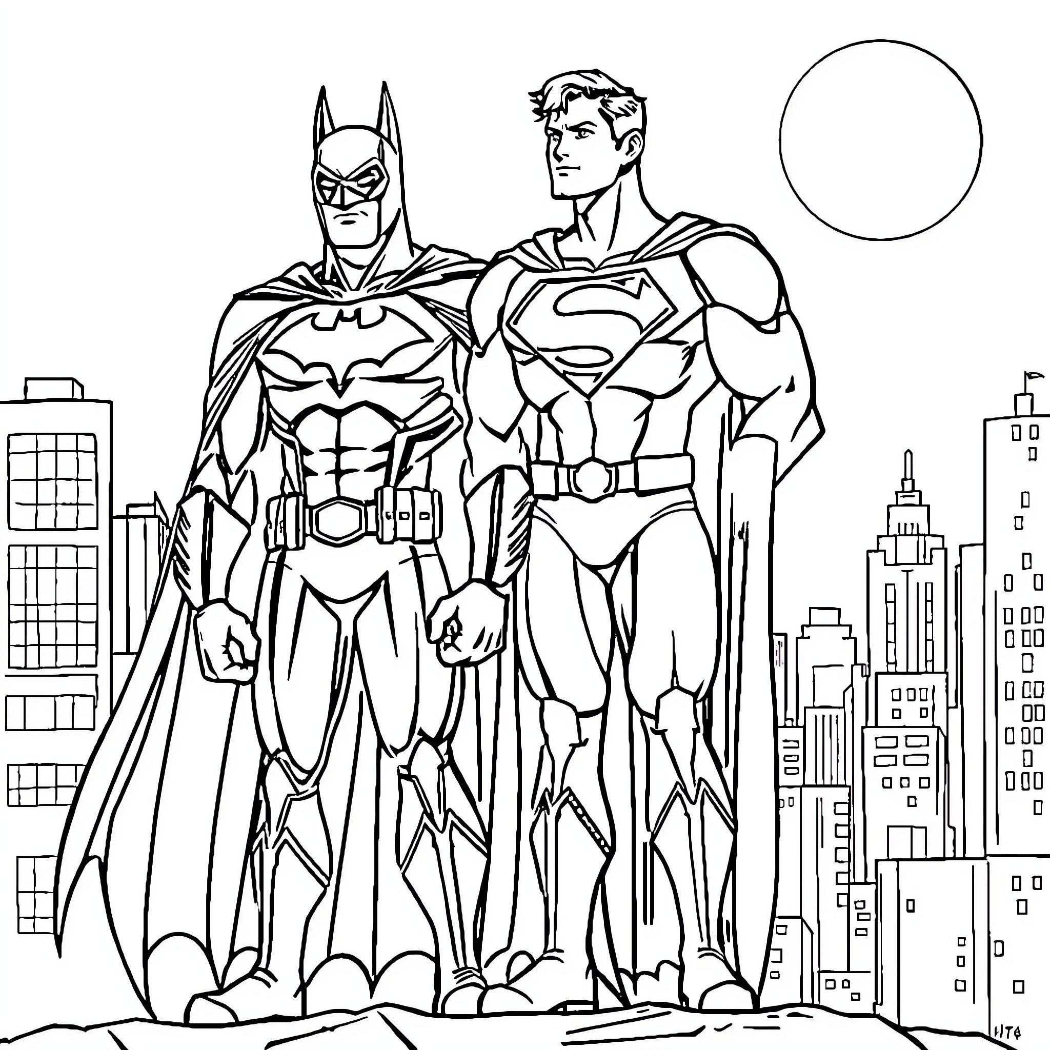 Batman and Superman in heroic pose Coloring Page (free black-and-white line drawing printable PDF for all, from beginners to advanced learners, including children, teens, adults, and seniors)