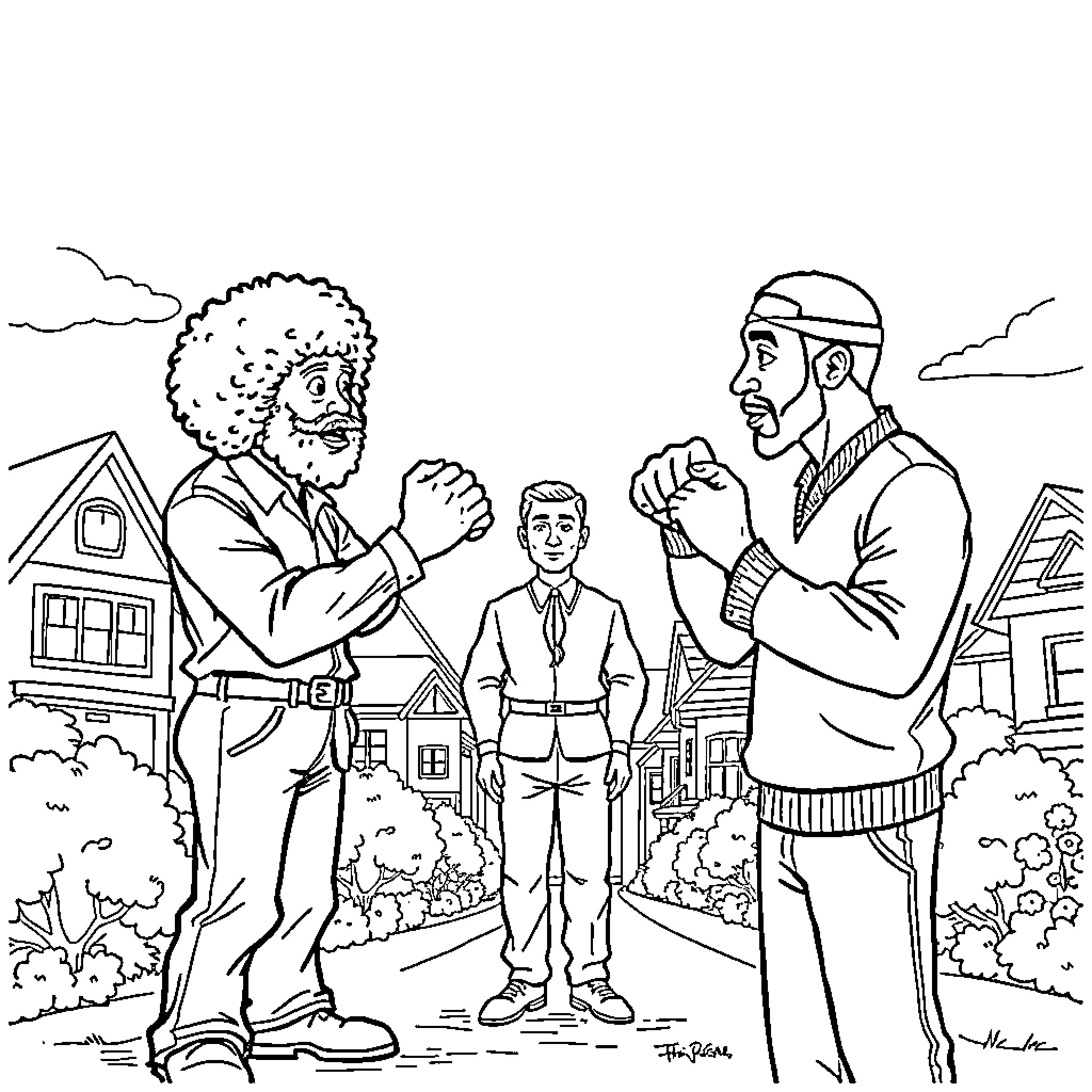 Bob Ross Hosts Neighborhood Art Class Coloring Page (free black-and-white line drawing printable PDF for all, from beginners to advanced learners, including children, teens, adults, and seniors)