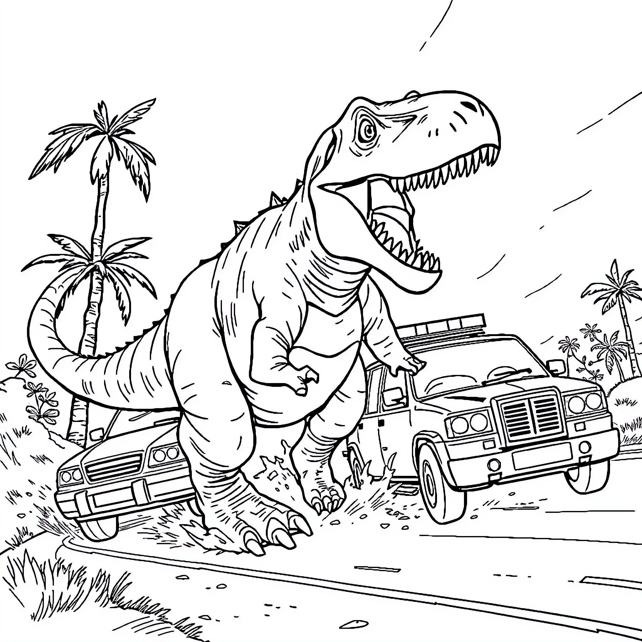 Dinosaur rampaging through tropical scene with vehicles Coloring Page (free black-and-white line drawing printable PDF for all, from beginners to advanced learners, including children, teens, adults, and seniors)