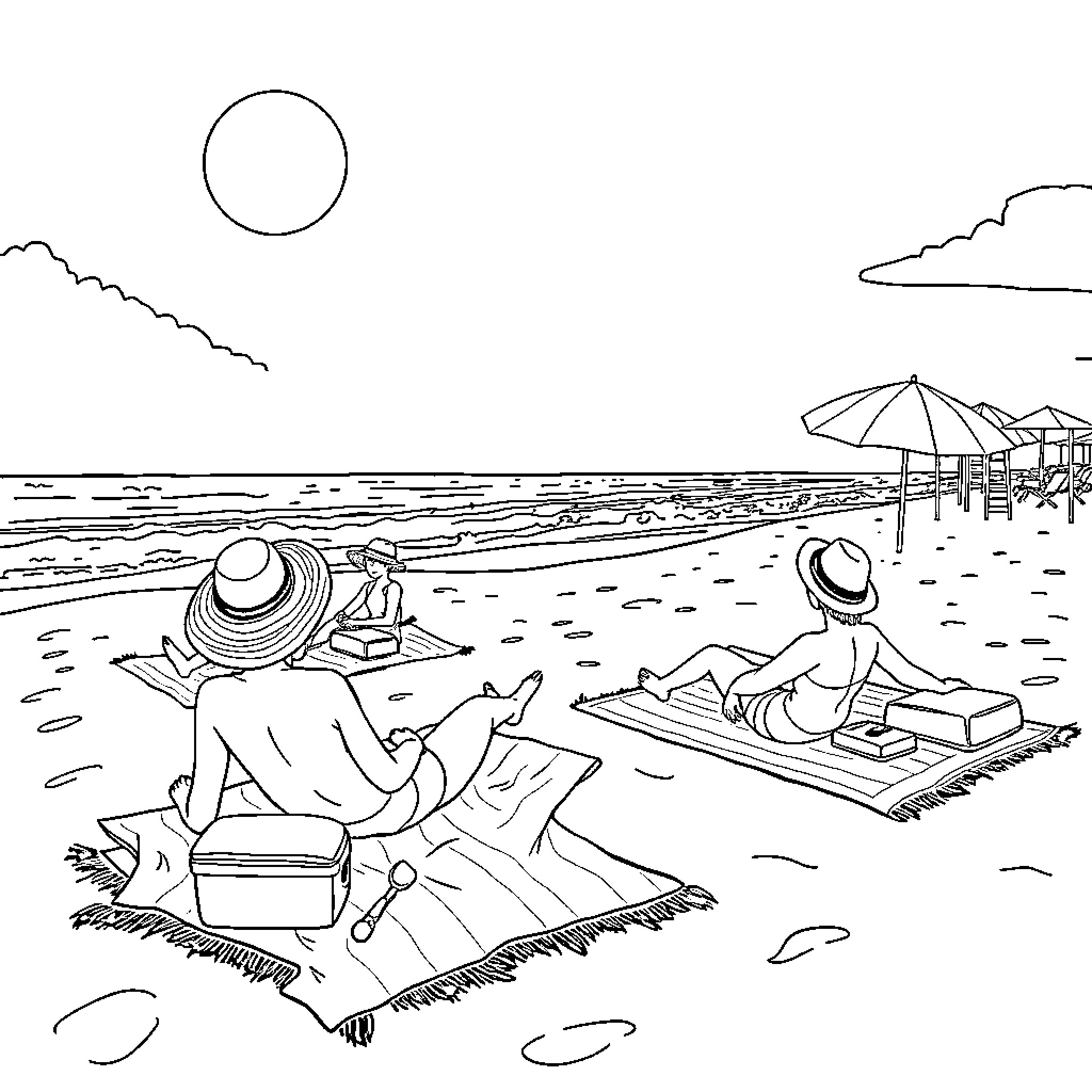 Beachgoers relaxing on the sand Coloring Page (free black-and-white line drawing printable PDF for all, from beginners to advanced learners, including children, teens, adults, and seniors)
