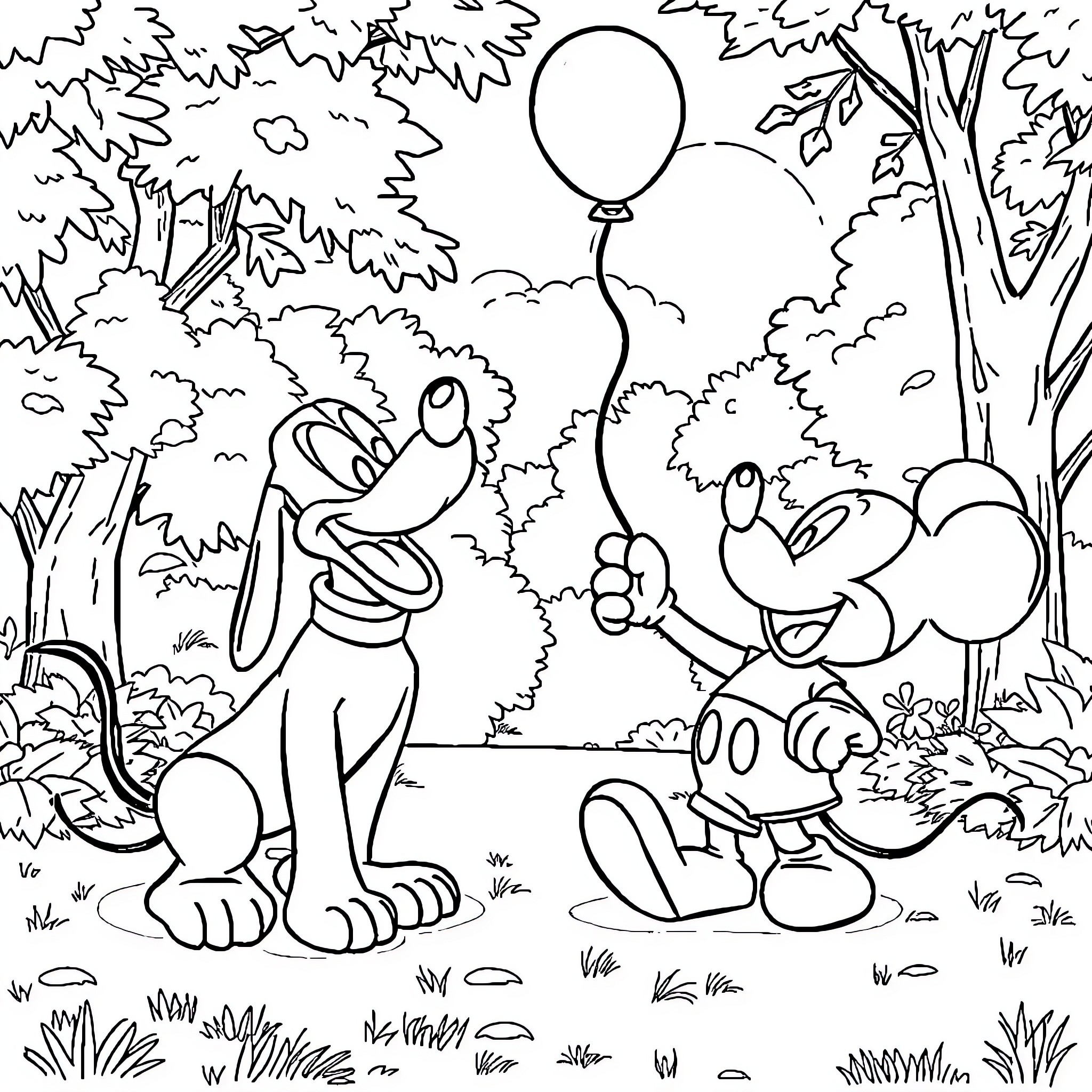 Pluto and friends explore the woodland scene Coloring Page (free black-and-white line drawing printable PDF for all, from beginners to advanced learners, including children, teens, adults, and seniors)