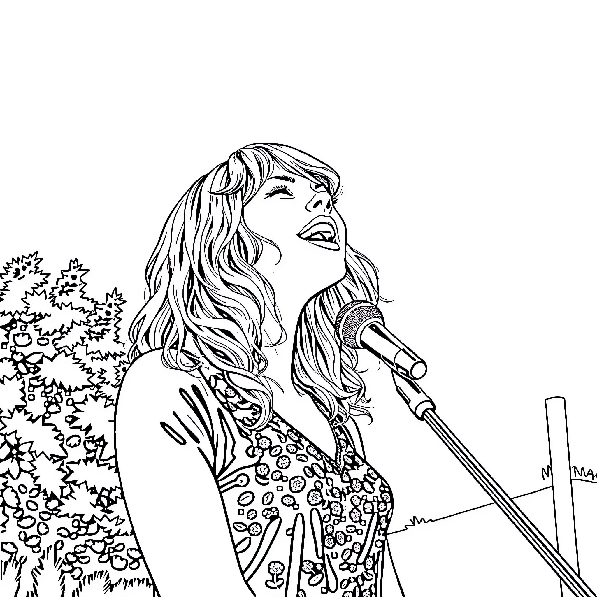 Taylor Swift singing soulfully on stage Coloring Page (free black-and-white line drawing printable PDF for all, from beginners to advanced learners, including children, teens, adults, and seniors)