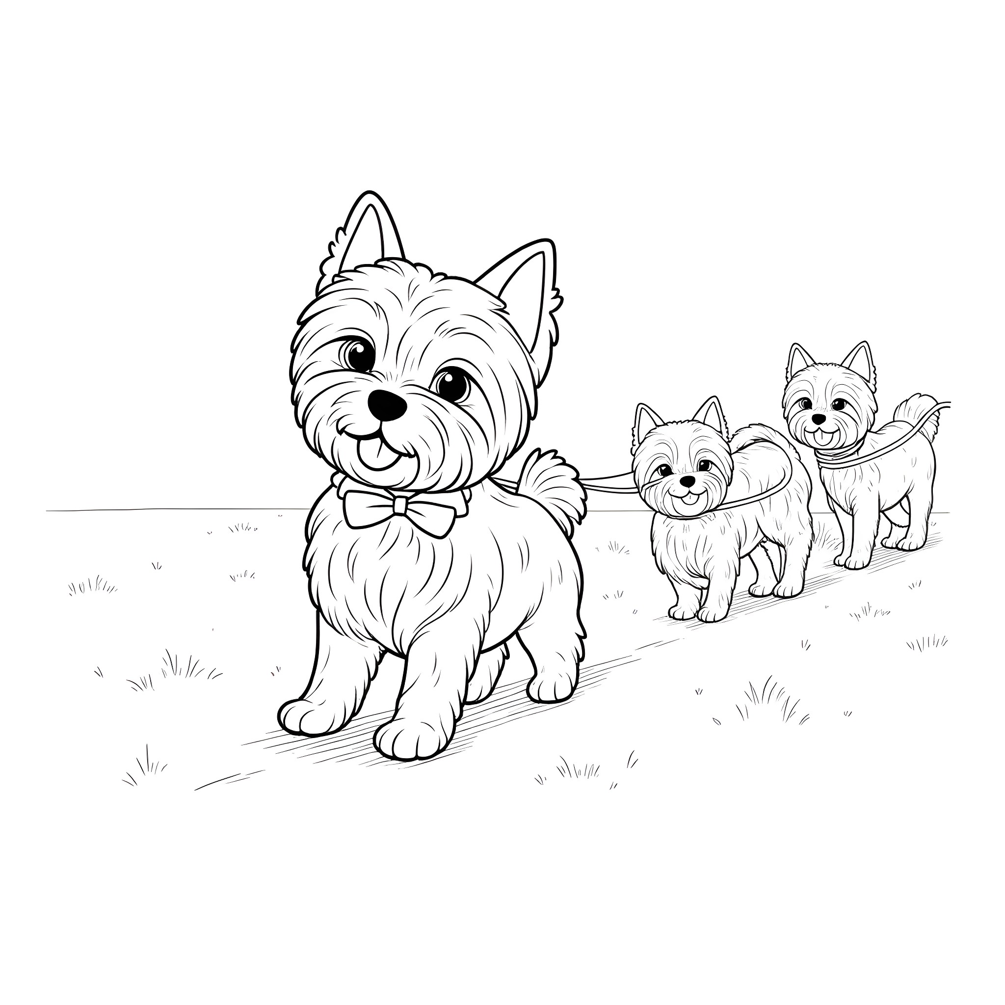 Yorkie Puppies Playing in the Park Coloring Page (free black-and-white line drawing printable PDF for all, from beginners to advanced learners, including children, teens, adults, and seniors)