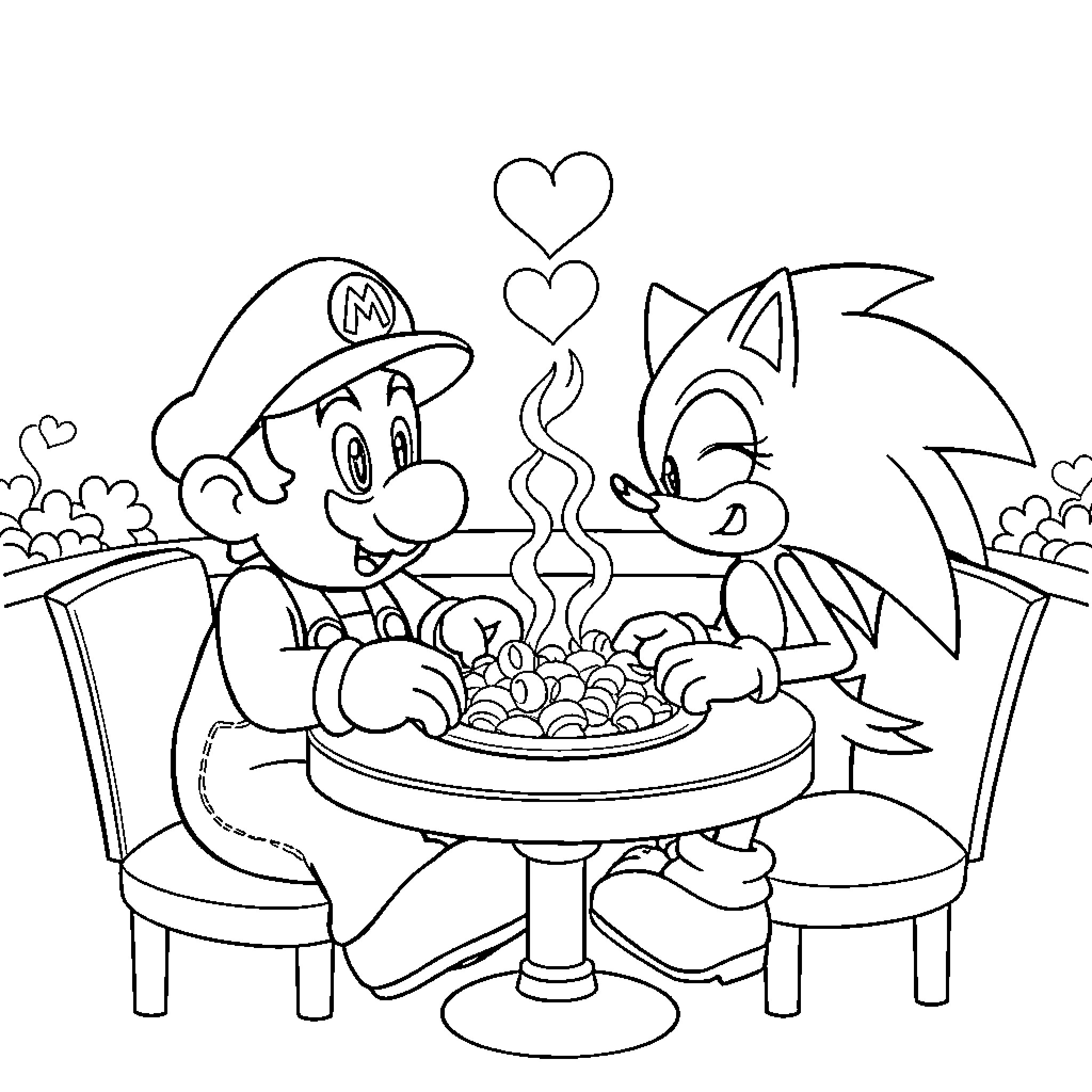 Mario and Sonic Enjoying Dinner Together Coloring Page (free black-and-white line drawing printable PDF for all, from beginners to advanced learners, including children, teens, adults, and seniors)