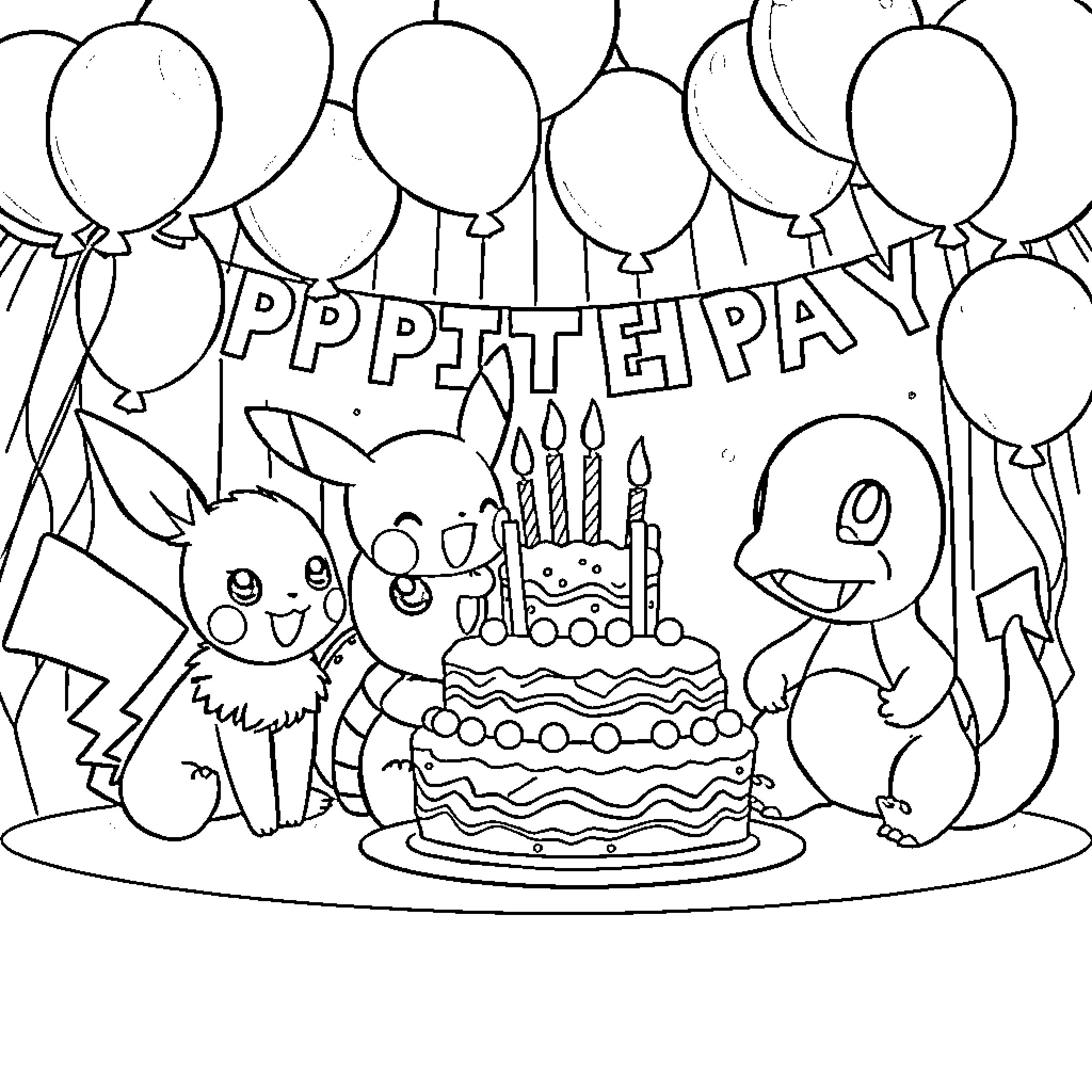 Pokémon characters celebrating birthday with cake and balloons Coloring Page (free black-and-white line drawing printable PDF for all, from beginners to advanced learners, including children, teens, adults, and seniors)