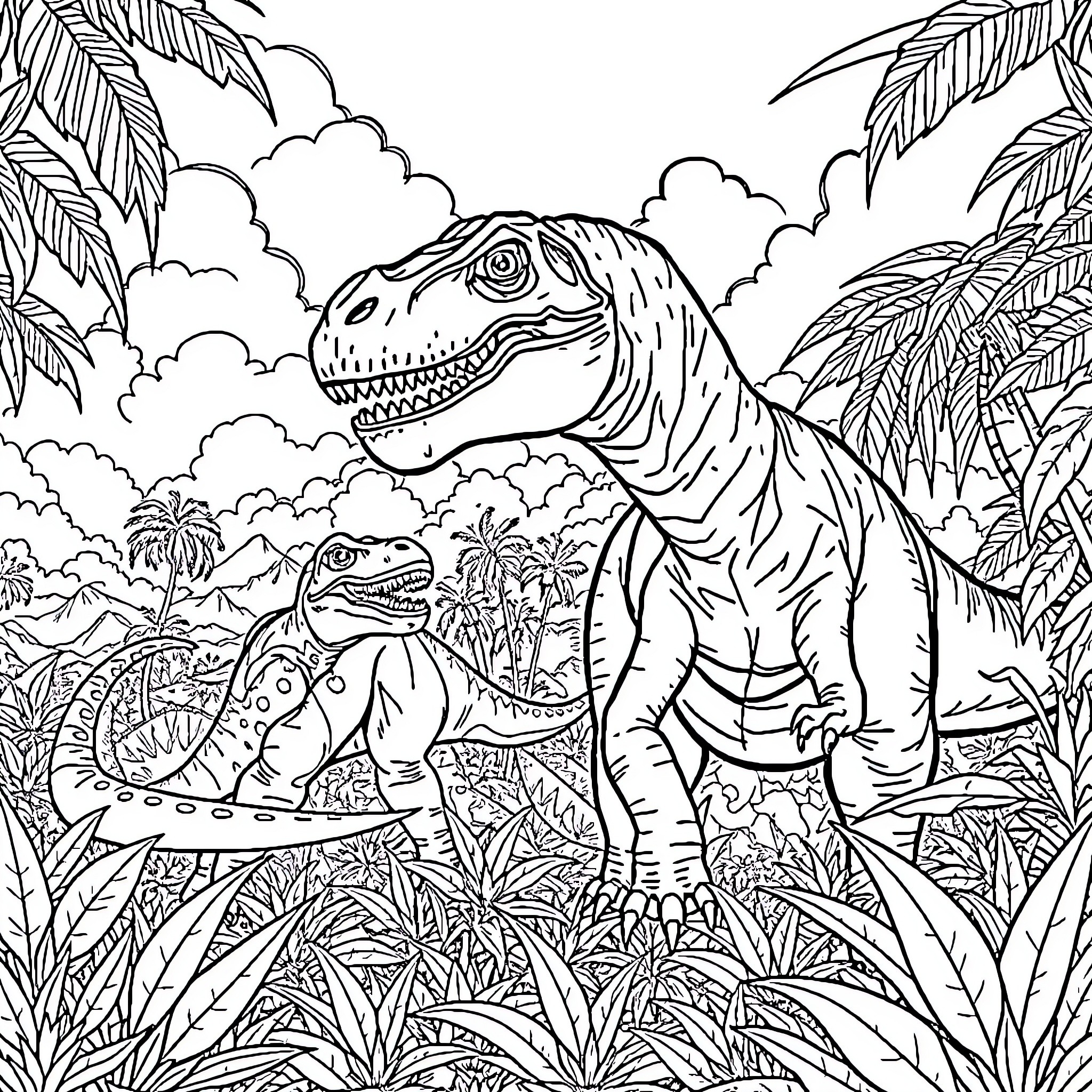 Dinosaurs roaming in a tropical landscape Coloring Page (free black-and-white line drawing printable PDF for all, from beginners to advanced learners, including children, teens, adults, and seniors)