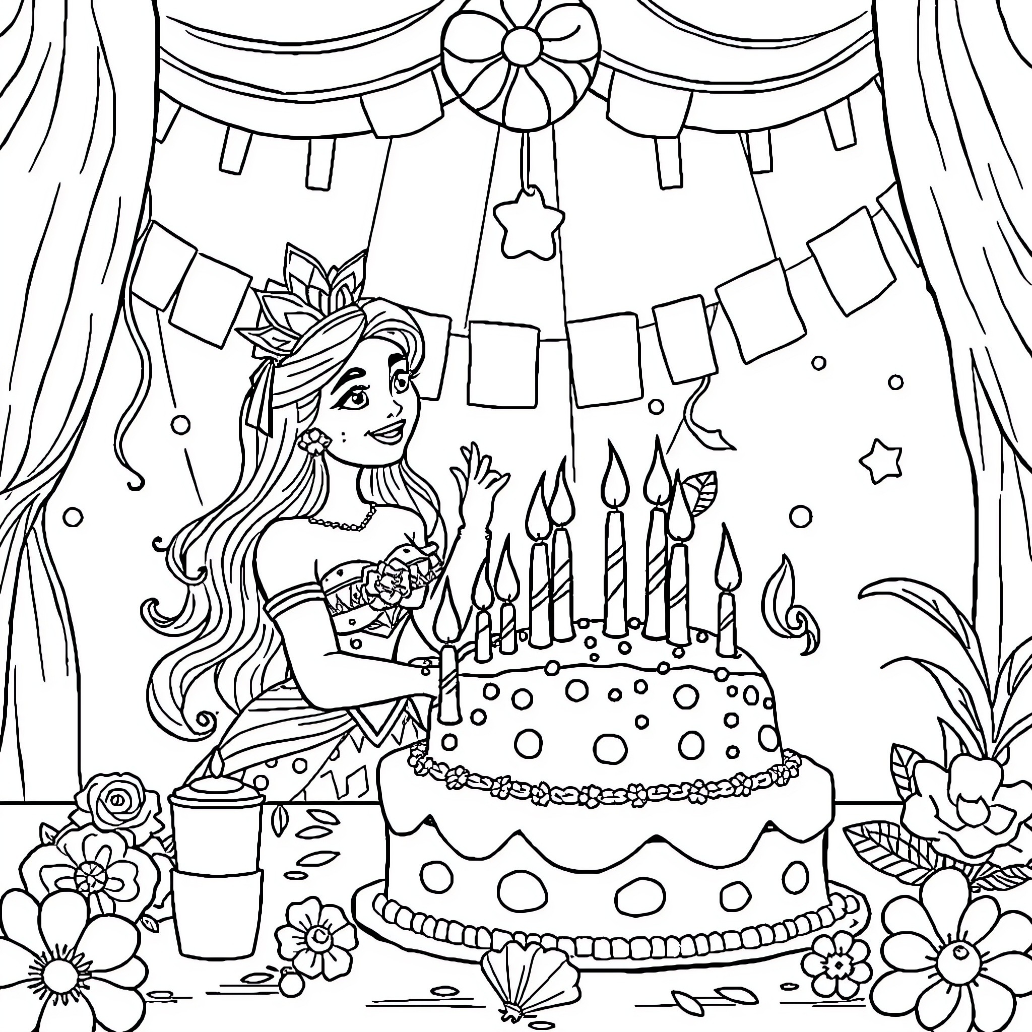 Vaiana's Birthday Celebration Coloring Page (free black-and-white line drawing printable PDF for all, from beginners to advanced learners, including children, teens, adults, and seniors)