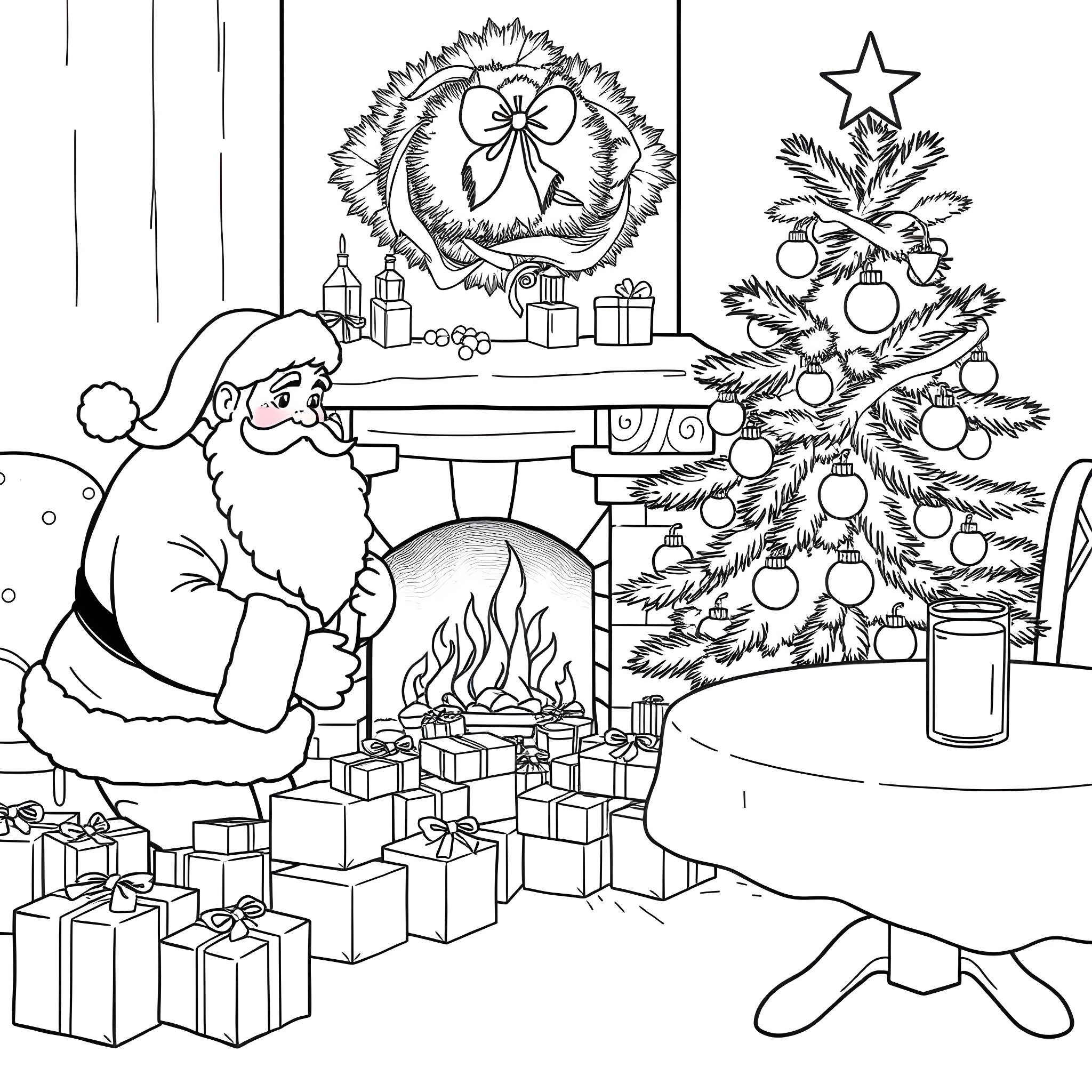 Santa Claus enjoying the Christmas fireplace and tree Coloring Page (free black-and-white line drawing printable PDF for all, from beginners to advanced learners, including children, teens, adults, and seniors)