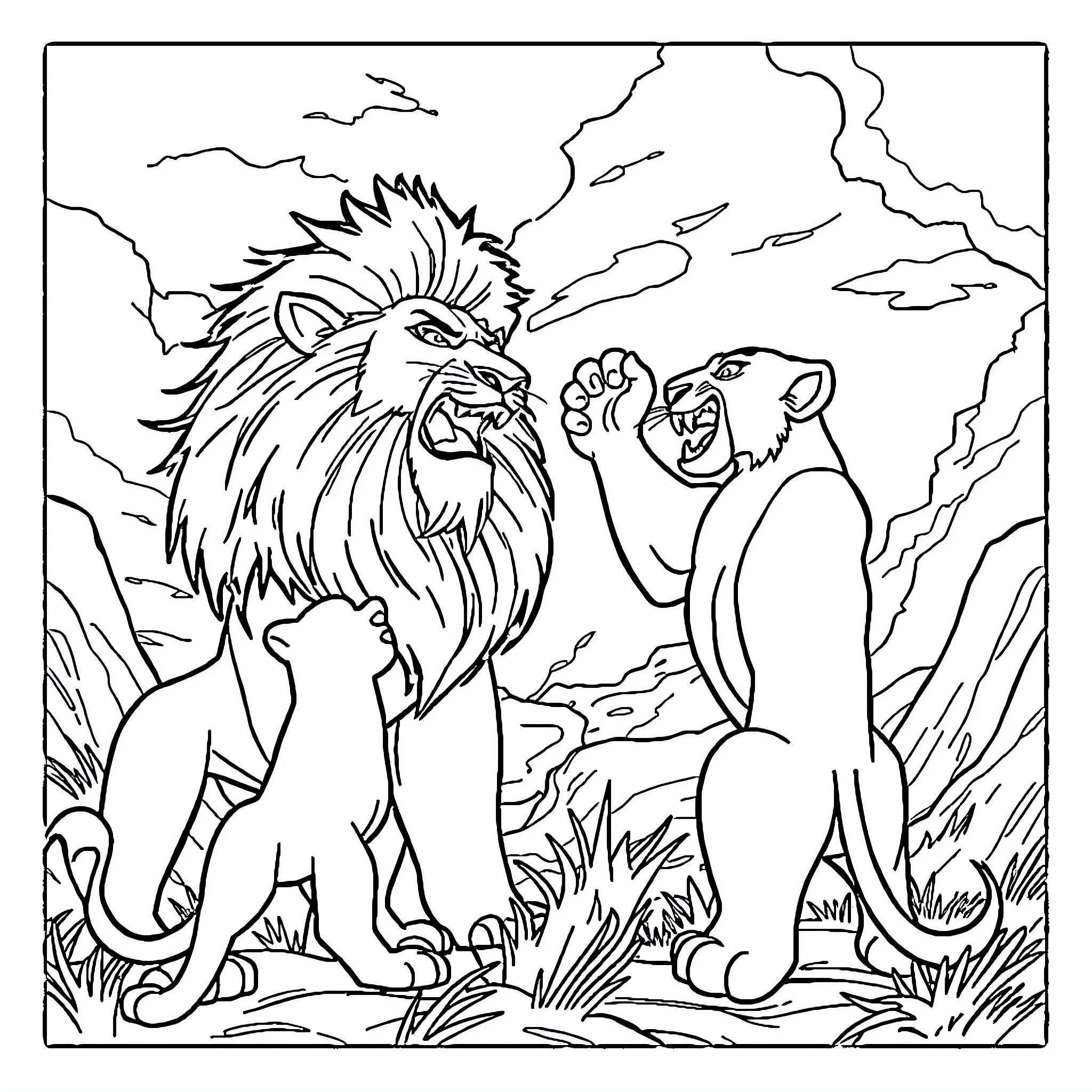 Mufasa confronting Scar in the wilderness Coloring Page (free black-and-white line drawing printable PDF for all, from beginners to advanced learners, including children, teens, adults, and seniors)
