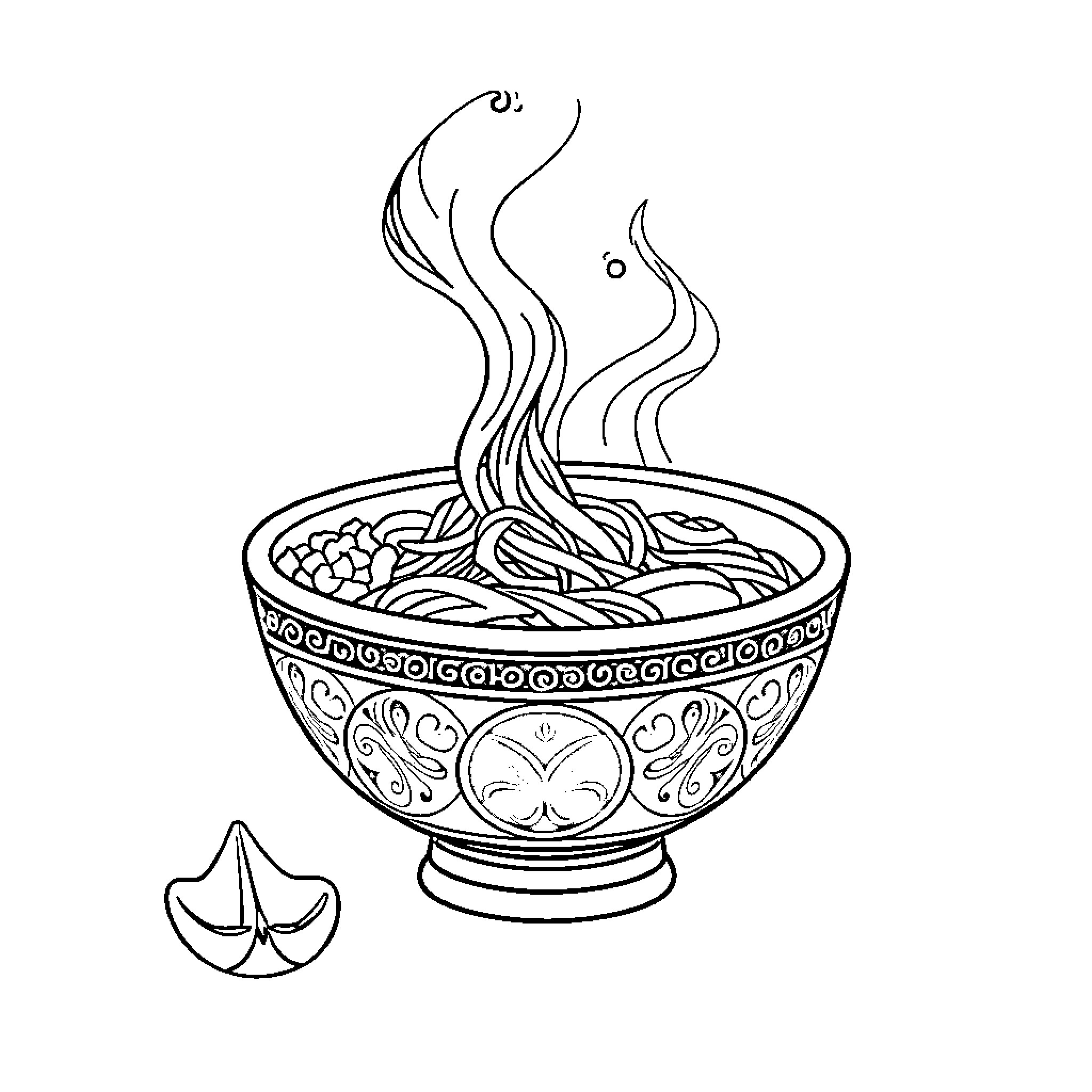 À Gyi Savory Noodle Dish in Ornate Bowl Coloring Page (free black-and-white line drawing printable PDF for all, from beginners to advanced learners, including children, teens, adults, and seniors)