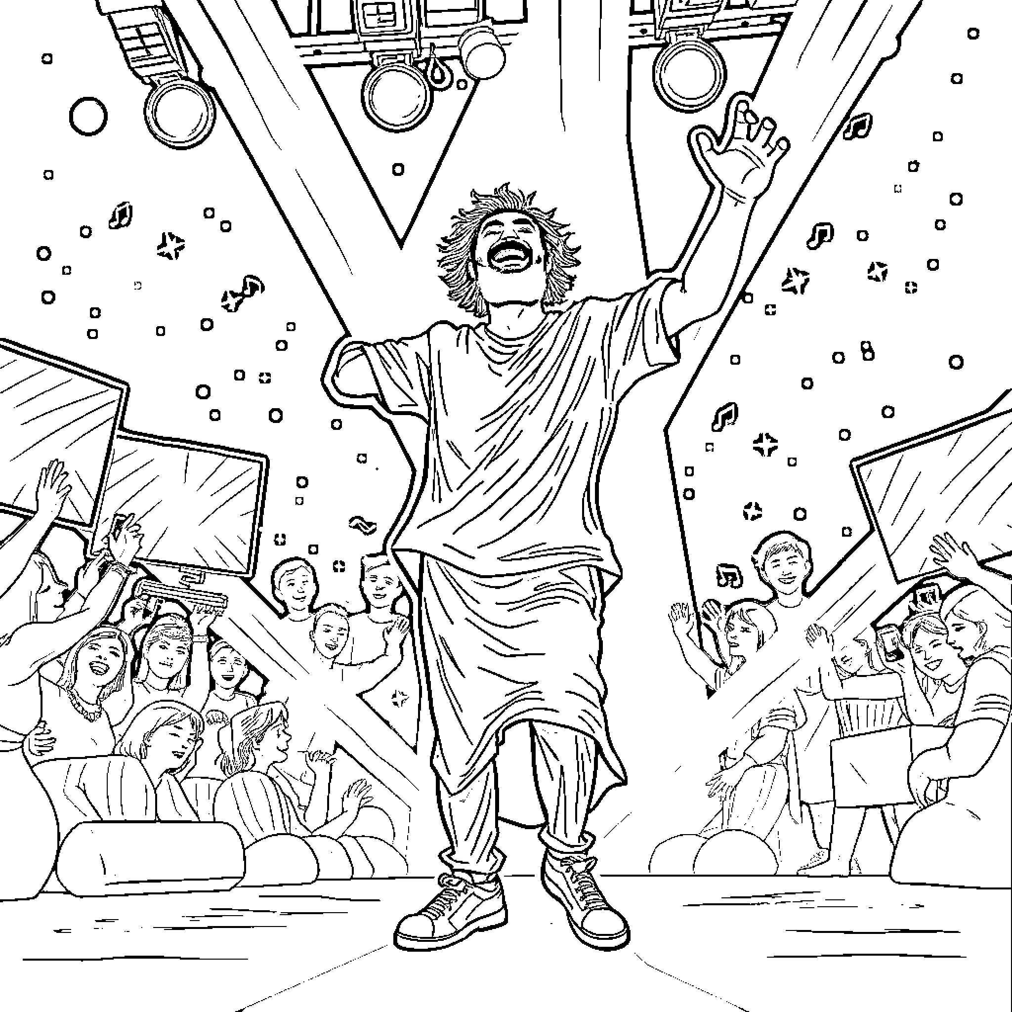 Mo Salah Celebrates with Fans in Stadium Coloring Page (free black-and-white line drawing printable PDF for all, from beginners to advanced learners, including children, teens, adults, and seniors)