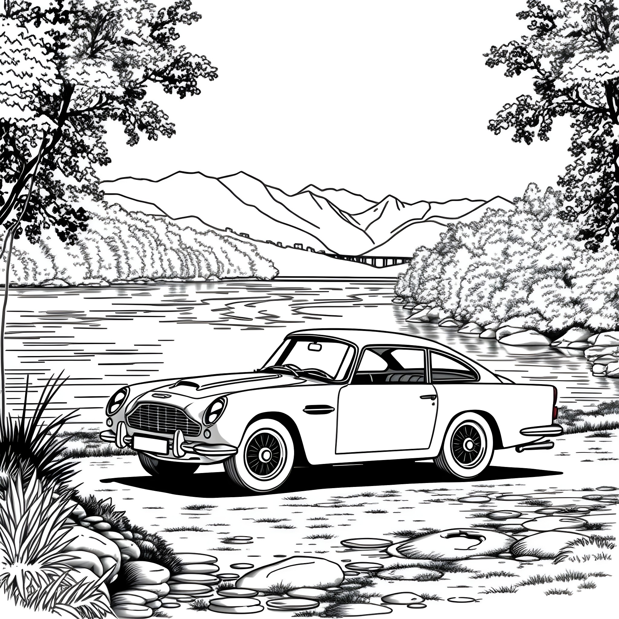 Aston Martin sports car by a serene lake Coloring Page (free black-and-white line drawing printable PDF for all, from beginners to advanced learners, including children, teens, adults, and seniors)