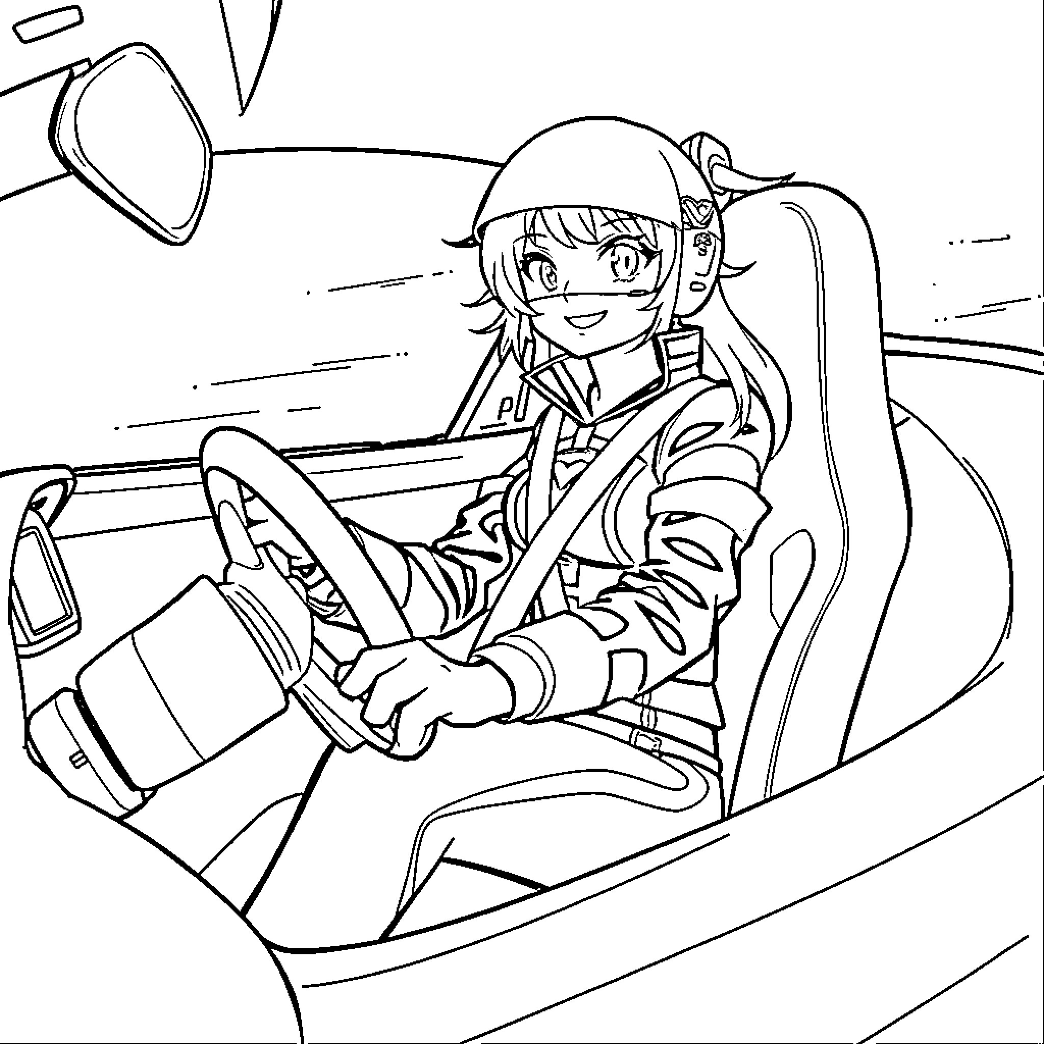 Kuromi driving a car with a cheerful expression Coloring Page (free black-and-white line drawing printable PDF for all, from beginners to advanced learners, including children, teens, adults, and seniors)