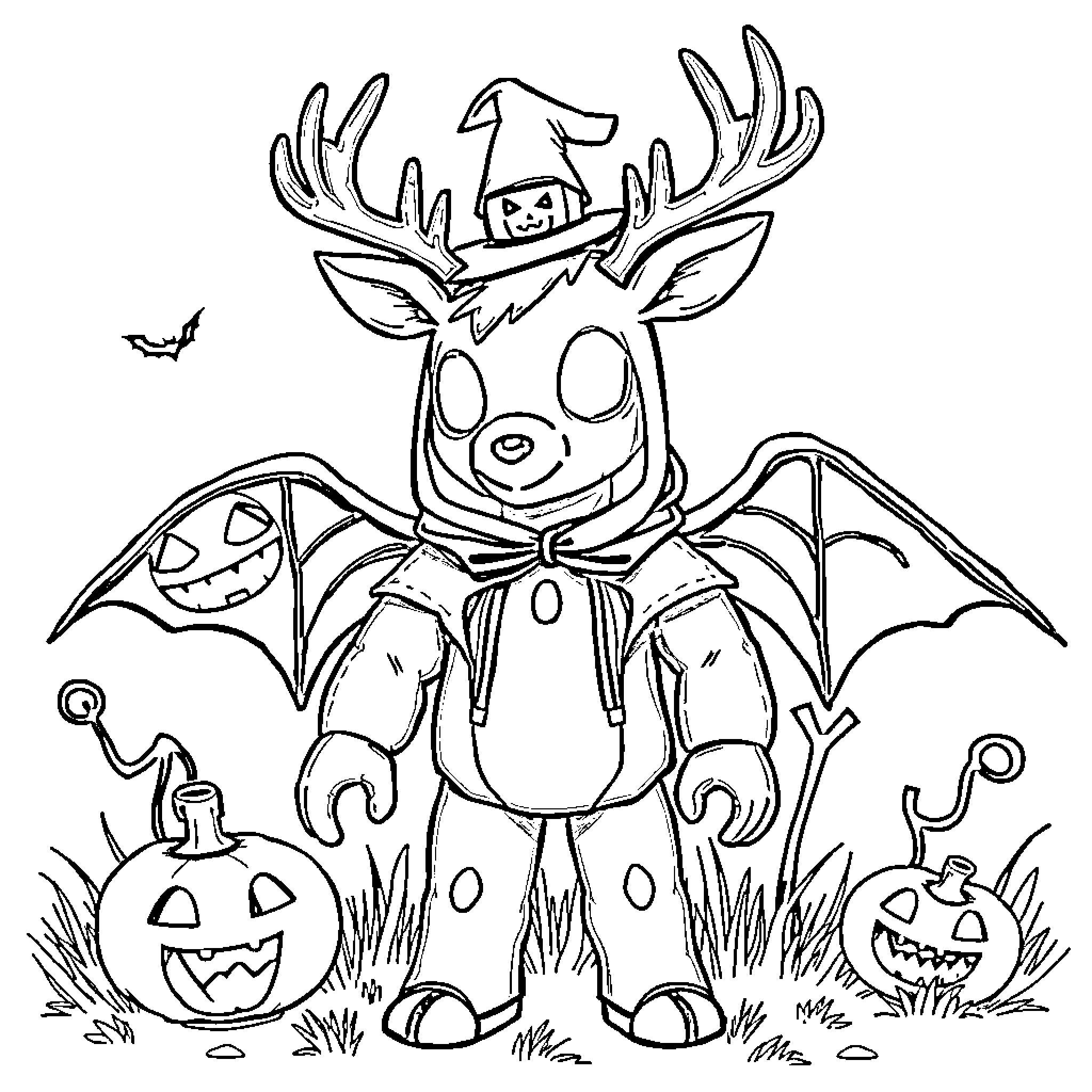 Deer dressed up for Halloween with bats and pumpkins Coloring Page (free black-and-white line drawing printable PDF for all, from beginners to advanced learners, including children, teens, adults, and seniors)