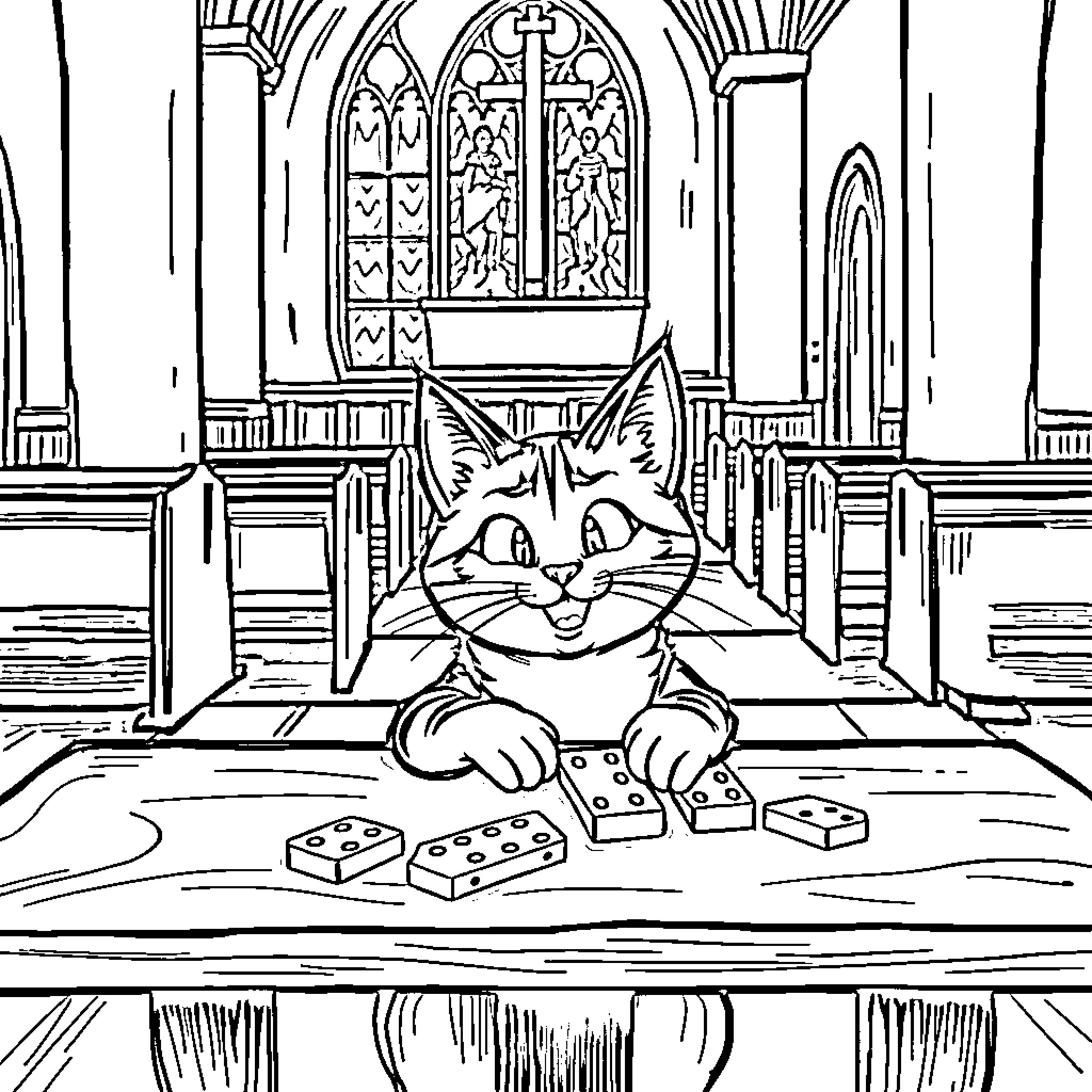 Cat playing with toys in a church Coloring Page (free black-and-white line drawing printable PDF for all, from beginners to advanced learners, including children, teens, adults, and seniors)