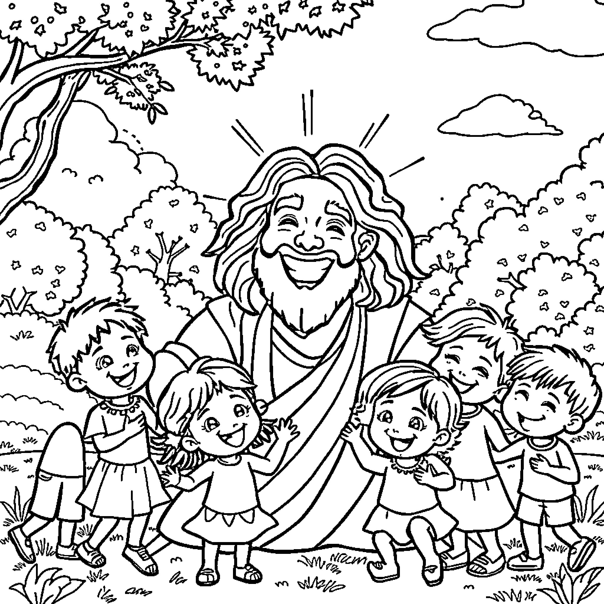 Jesus surrounded by joyful children in nature Coloring Page (free black-and-white line drawing printable PDF for all, from beginners to advanced learners, including children, teens, adults, and seniors)