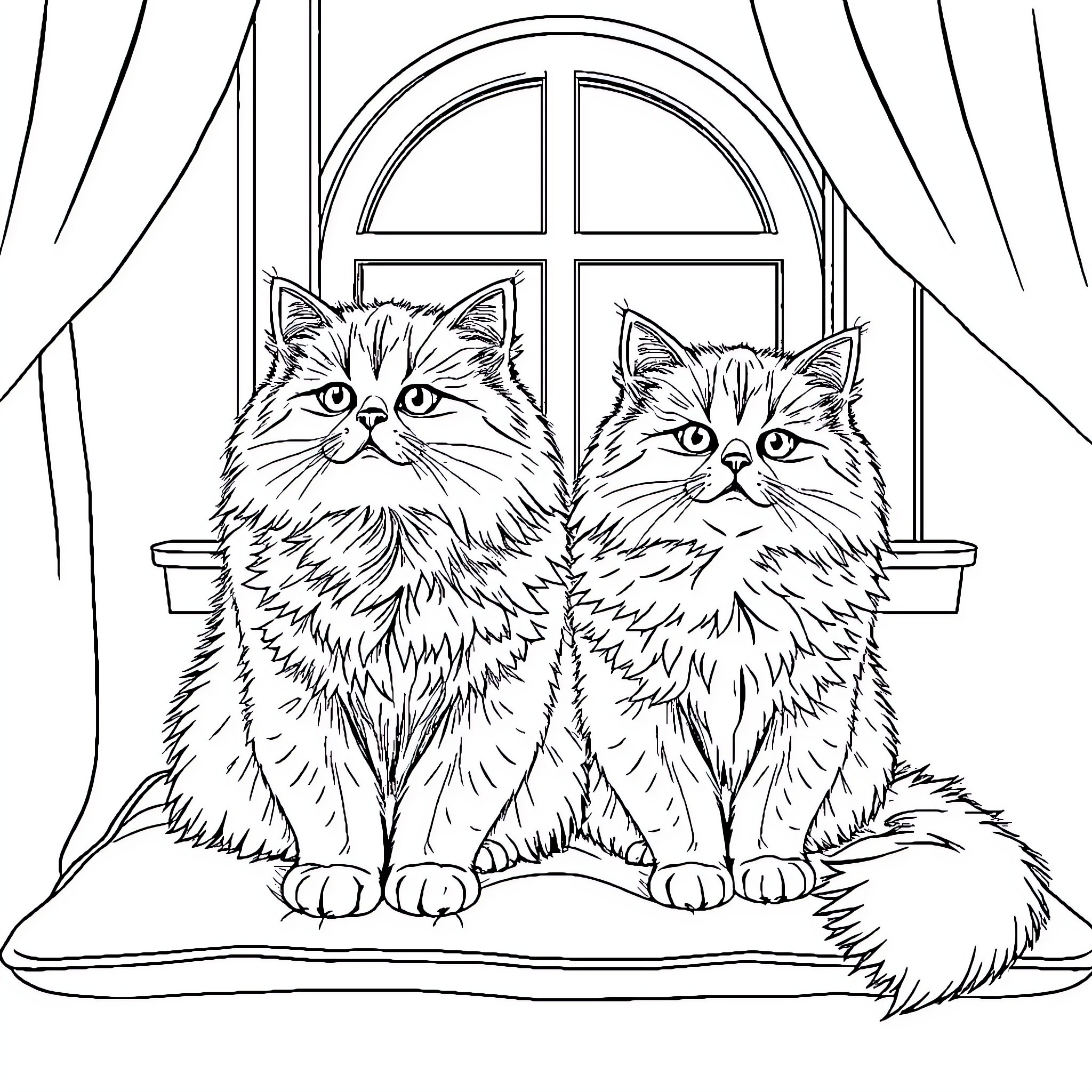 Persian Cats Sitting Happily by the Window Coloring Page (free black-and-white line drawing printable PDF for all, from beginners to advanced learners, including children, teens, adults, and seniors)