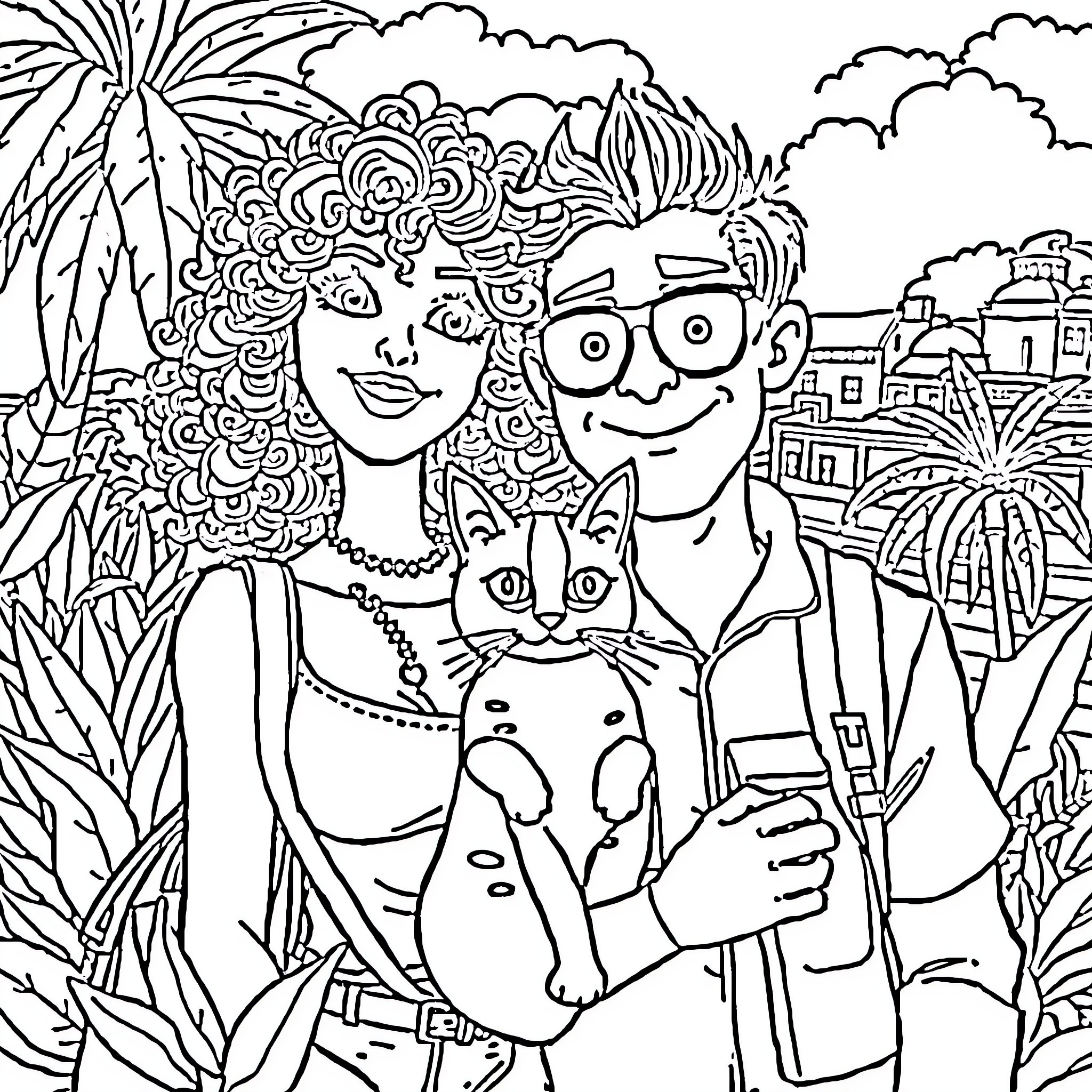 Lady and Gentleman explore tropical garden with pets Coloring Page (free black-and-white line drawing printable PDF for all, from beginners to advanced learners, including children, teens, adults, and seniors)