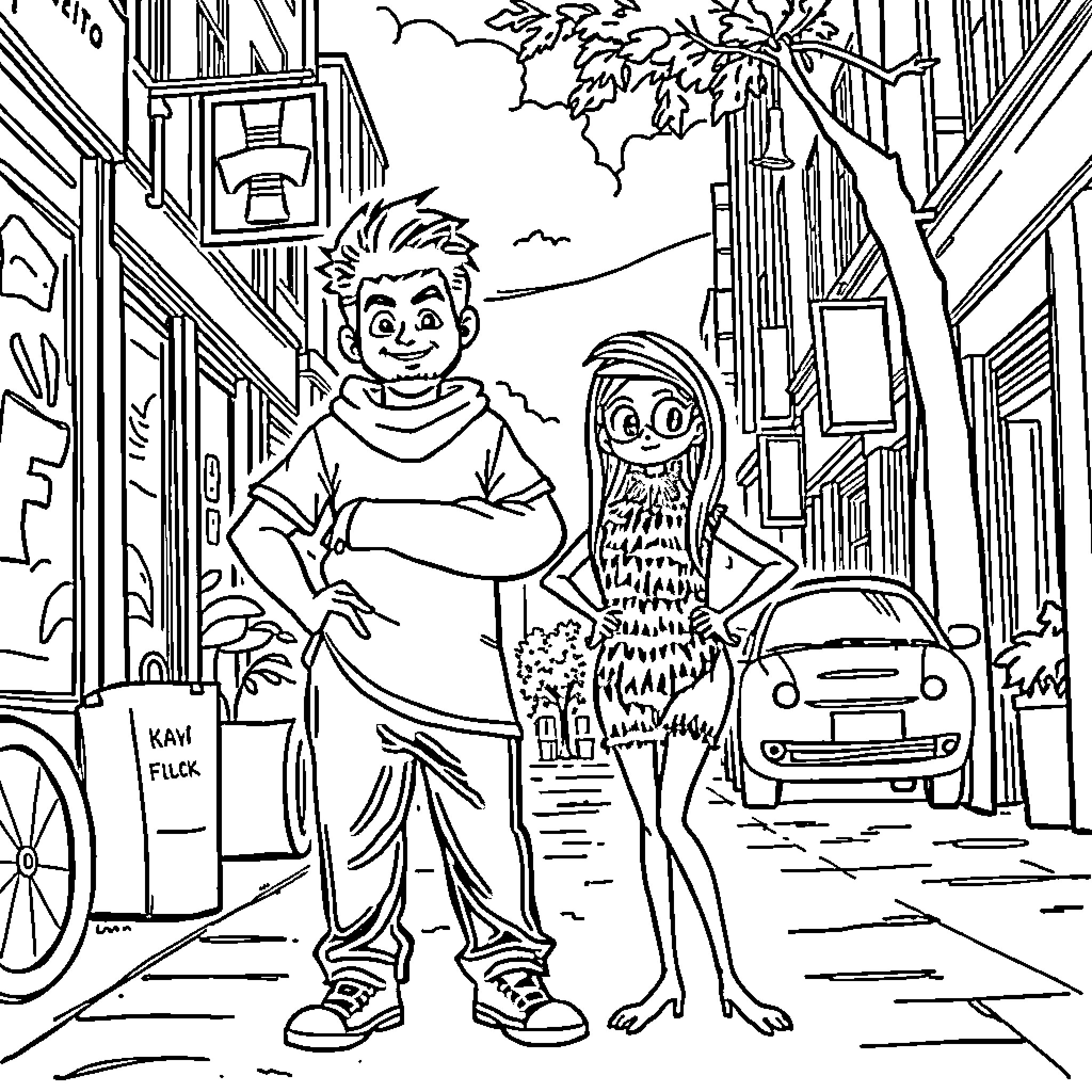 Notti Osama's Fun Outing in the City Coloring Page (free black-and-white line drawing printable PDF for all, from beginners to advanced learners, including children, teens, adults, and seniors)