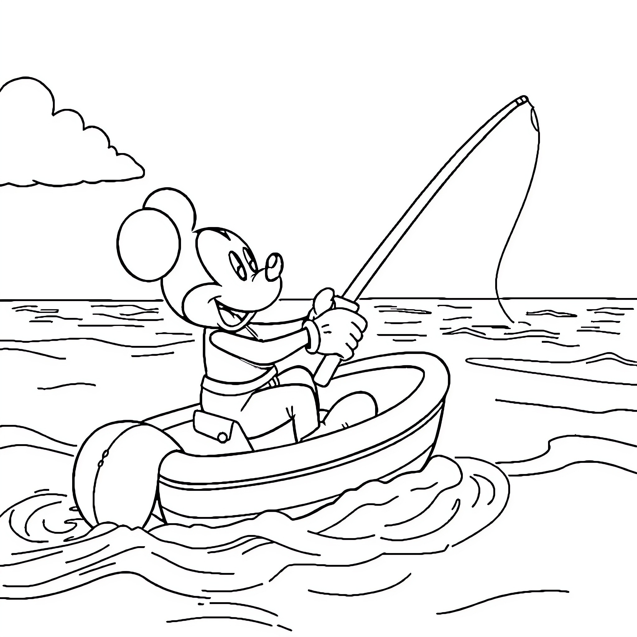 Mickey Mouse fishing in the boat on the water Coloring Page (free black-and-white line drawing printable PDF for all, from beginners to advanced learners, including children, teens, adults, and seniors)