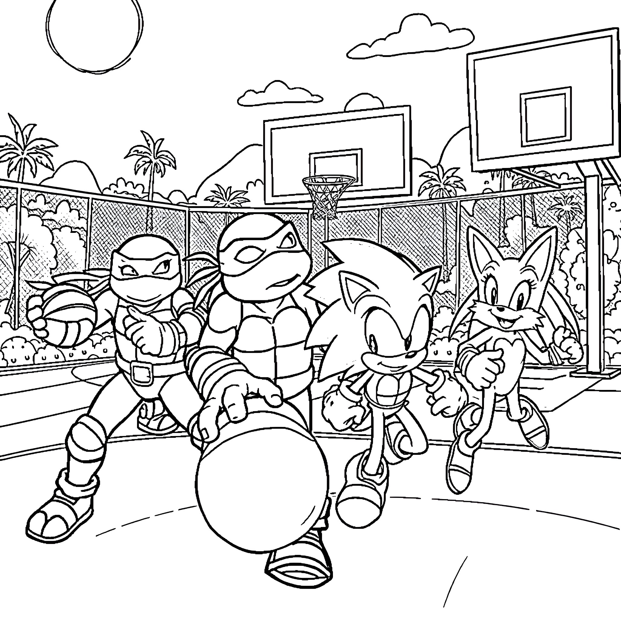 Teenage Mutant Ninja Turtles playing basketball in the park Coloring Page (free black-and-white line drawing printable PDF for all, from beginners to advanced learners, including children, teens, adults, and seniors)