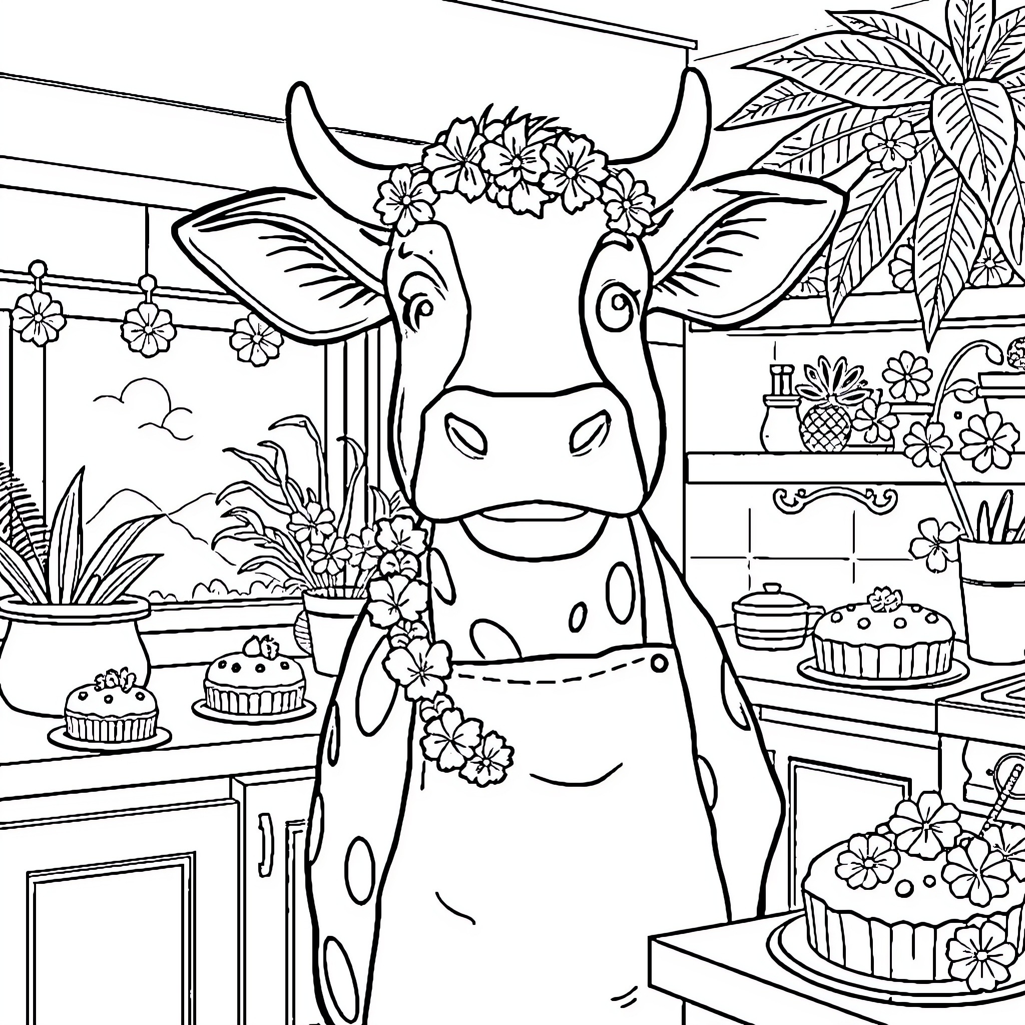 Cow dressed in floral accessories in a cozy kitchen setting Coloring Page (free black-and-white line drawing printable PDF for all, from beginners to advanced learners, including children, teens, adults, and seniors)