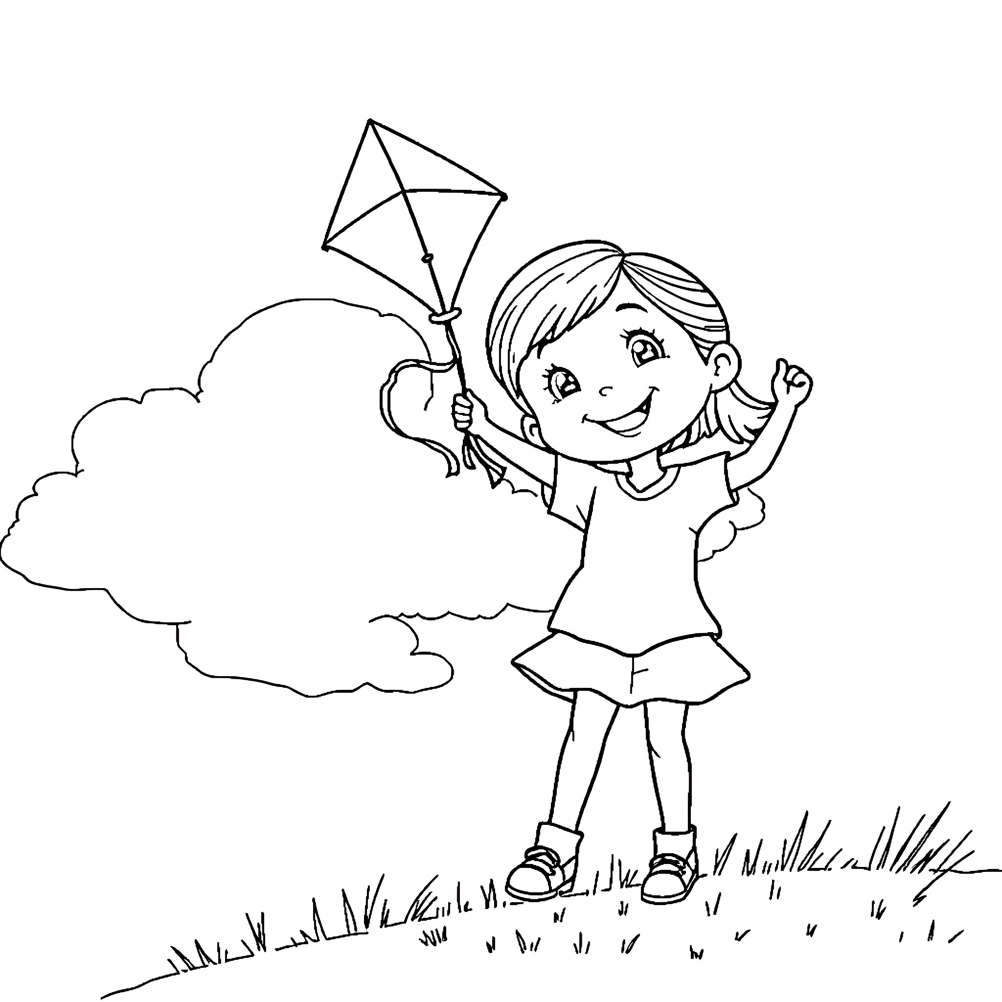 Girl flying a kite on a grassy field Coloring Page (free black-and-white line drawing printable PDF for all, from beginners to advanced learners, including children, teens, adults, and seniors)