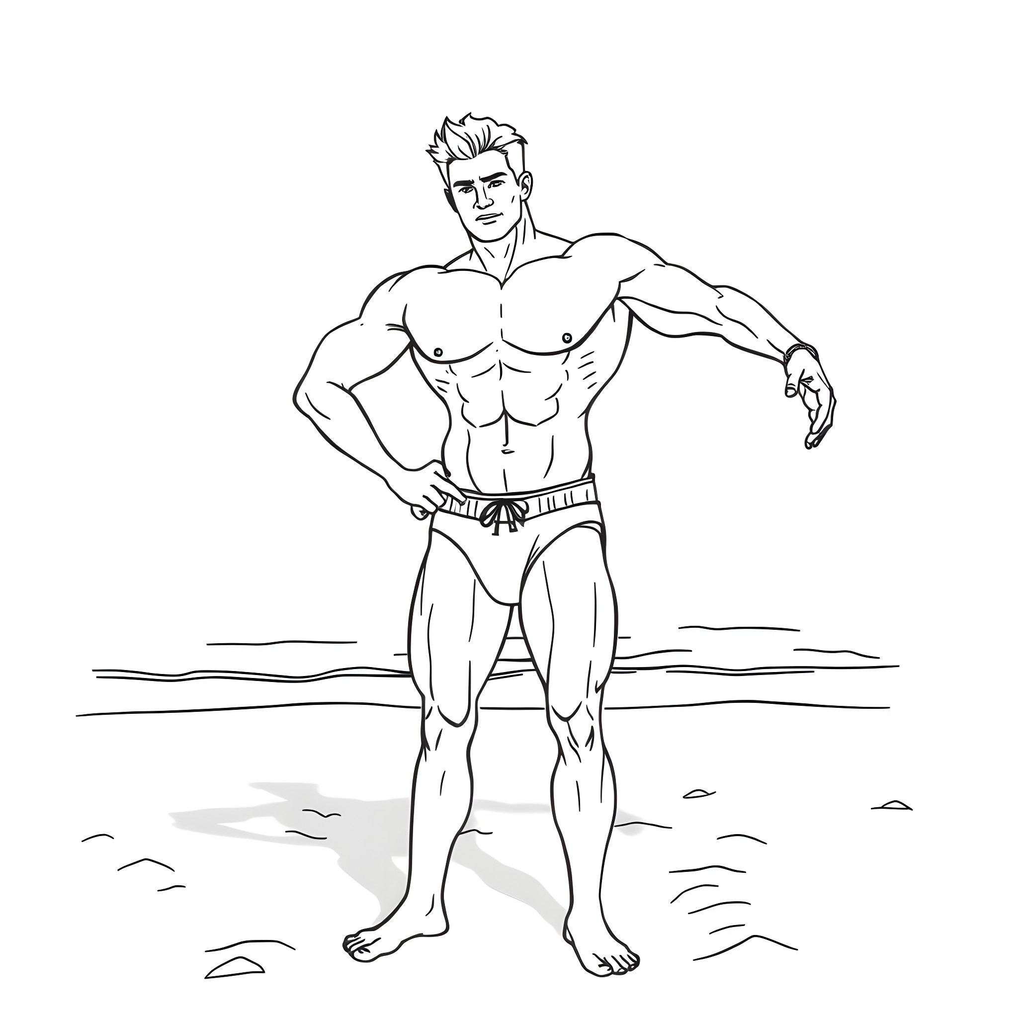 Muscleman standing strong and confident on beach Coloring Page (free black-and-white line drawing printable PDF for all, from beginners to advanced learners, including children, teens, adults, and seniors)
