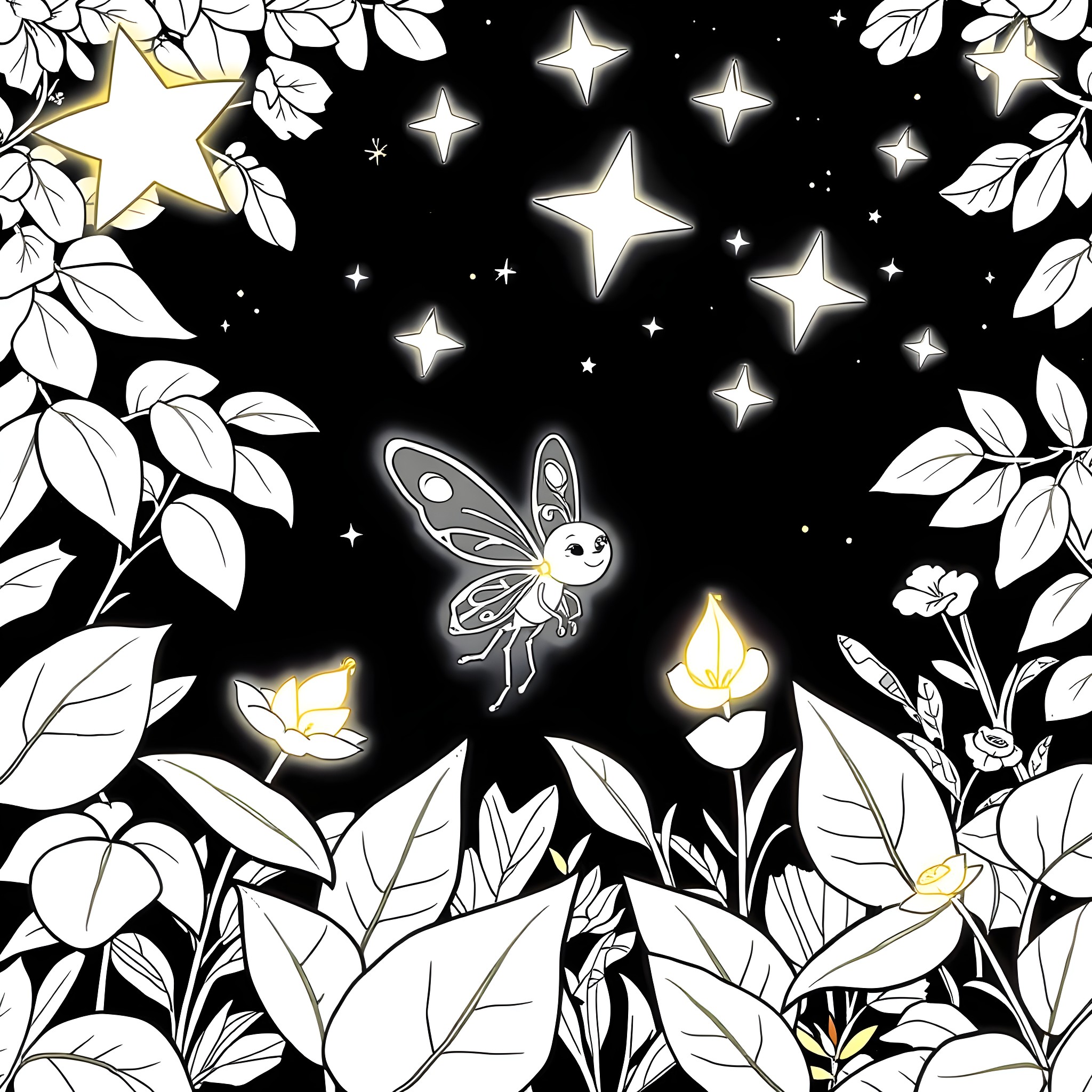 Ray's Enchanted Fairytale Meadow Coloring Page (free black-and-white line drawing printable PDF for all, from beginners to advanced learners, including children, teens, adults, and seniors)
