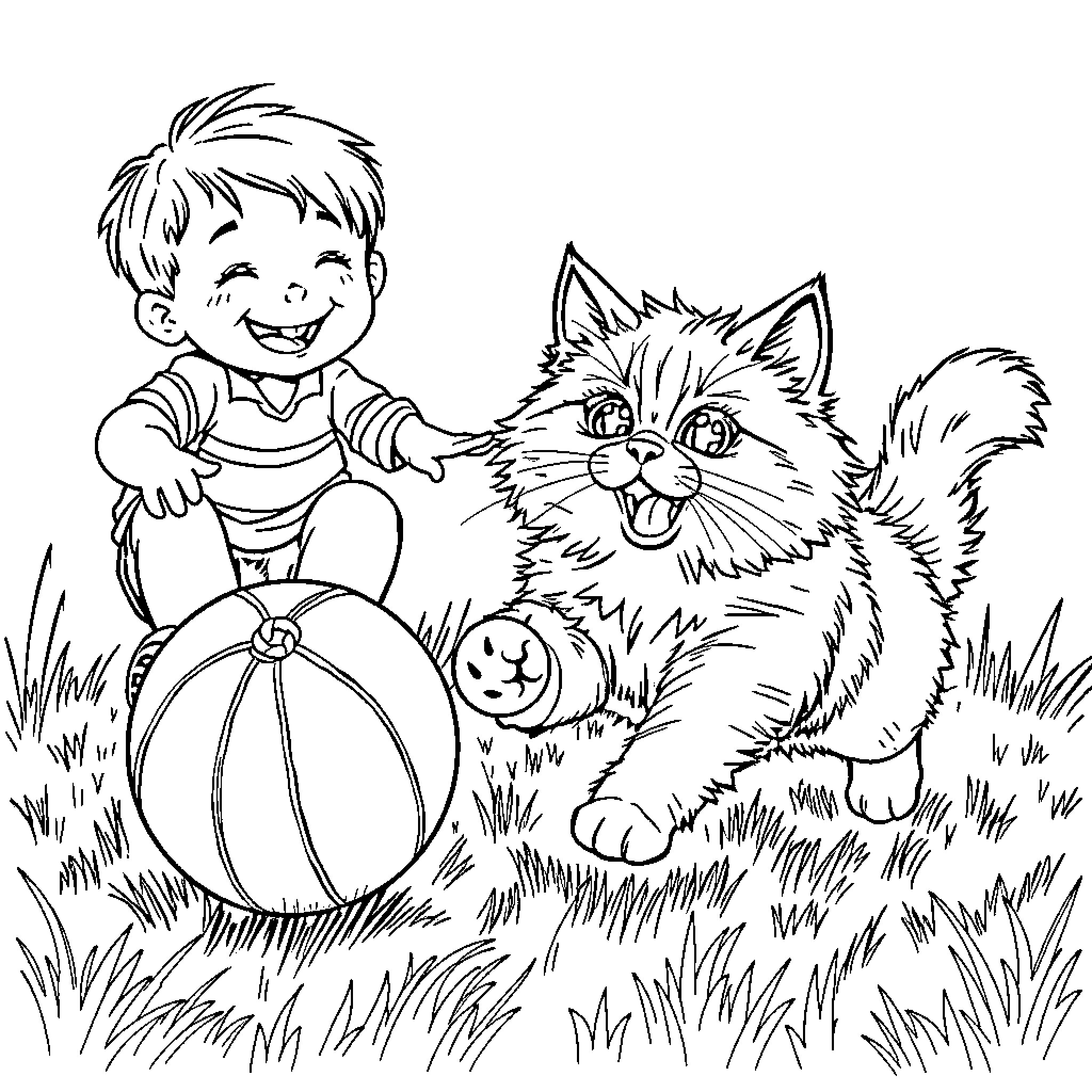 Cat and Child Playing with Ball in Grass Coloring Page (free black-and-white line drawing printable PDF for all, from beginners to advanced learners, including children, teens, adults, and seniors)