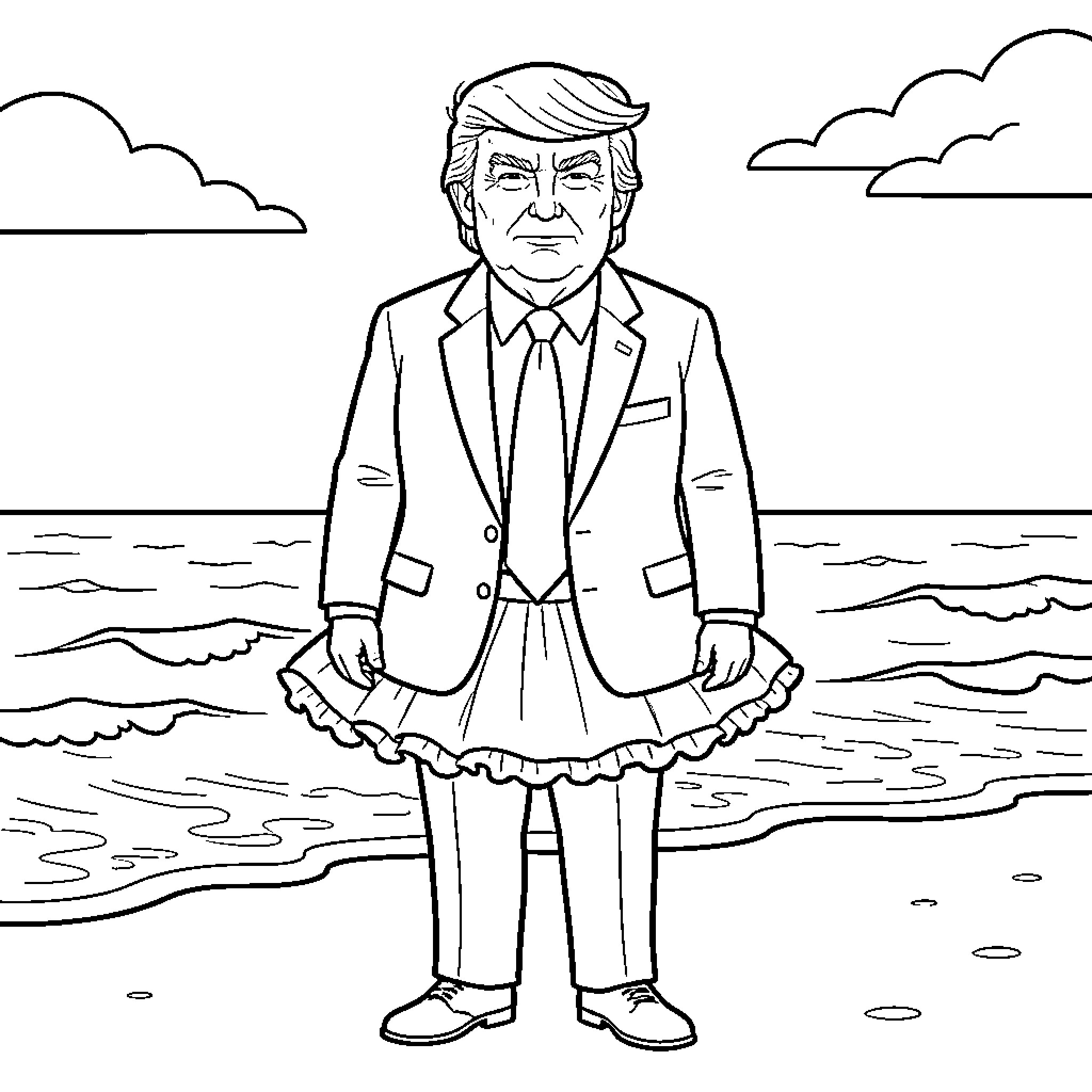 Trump wearing a skirt while standing on a beach Coloring Page (free black-and-white line drawing printable PDF for all, from beginners to advanced learners, including children, teens, adults, and seniors)