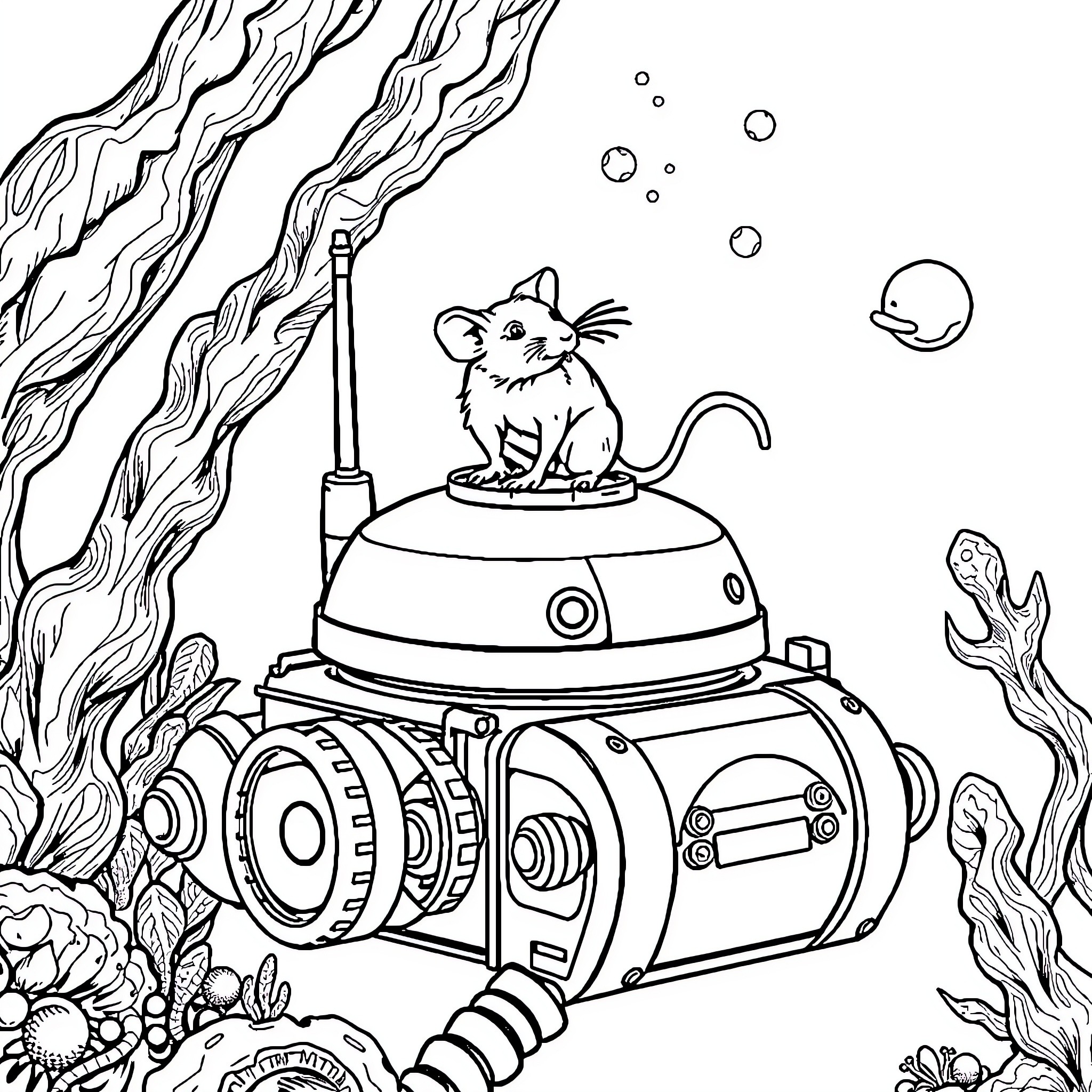 Rat piloting an underwater submarine Coloring Page (free black-and-white line drawing printable PDF for all, from beginners to advanced learners, including children, teens, adults, and seniors)